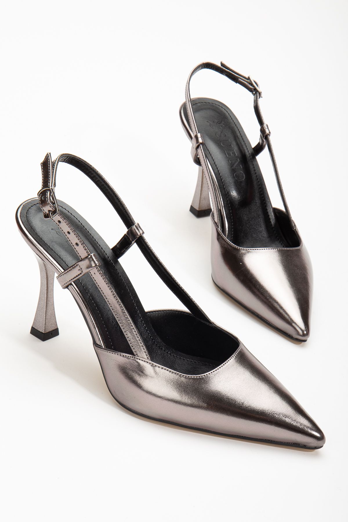 SUENO SHOES Kadın Stiletto Sivri Burun Atkılı Platin Abiye Topuklu Ayakkabı