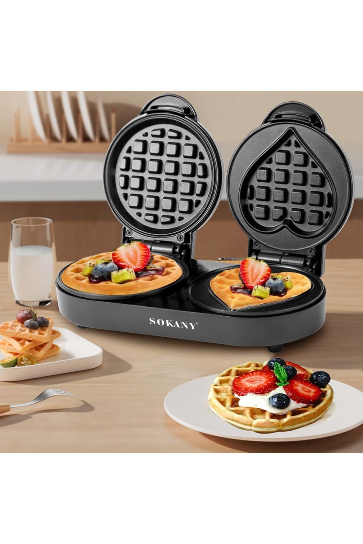 SOKANY SK-850 Aşk Dolu Kahvaltılar 1100W Yüksek Güçlü Mini Kalp Şeklinde Waffle Makinesi Yapışmaz Kaplama
