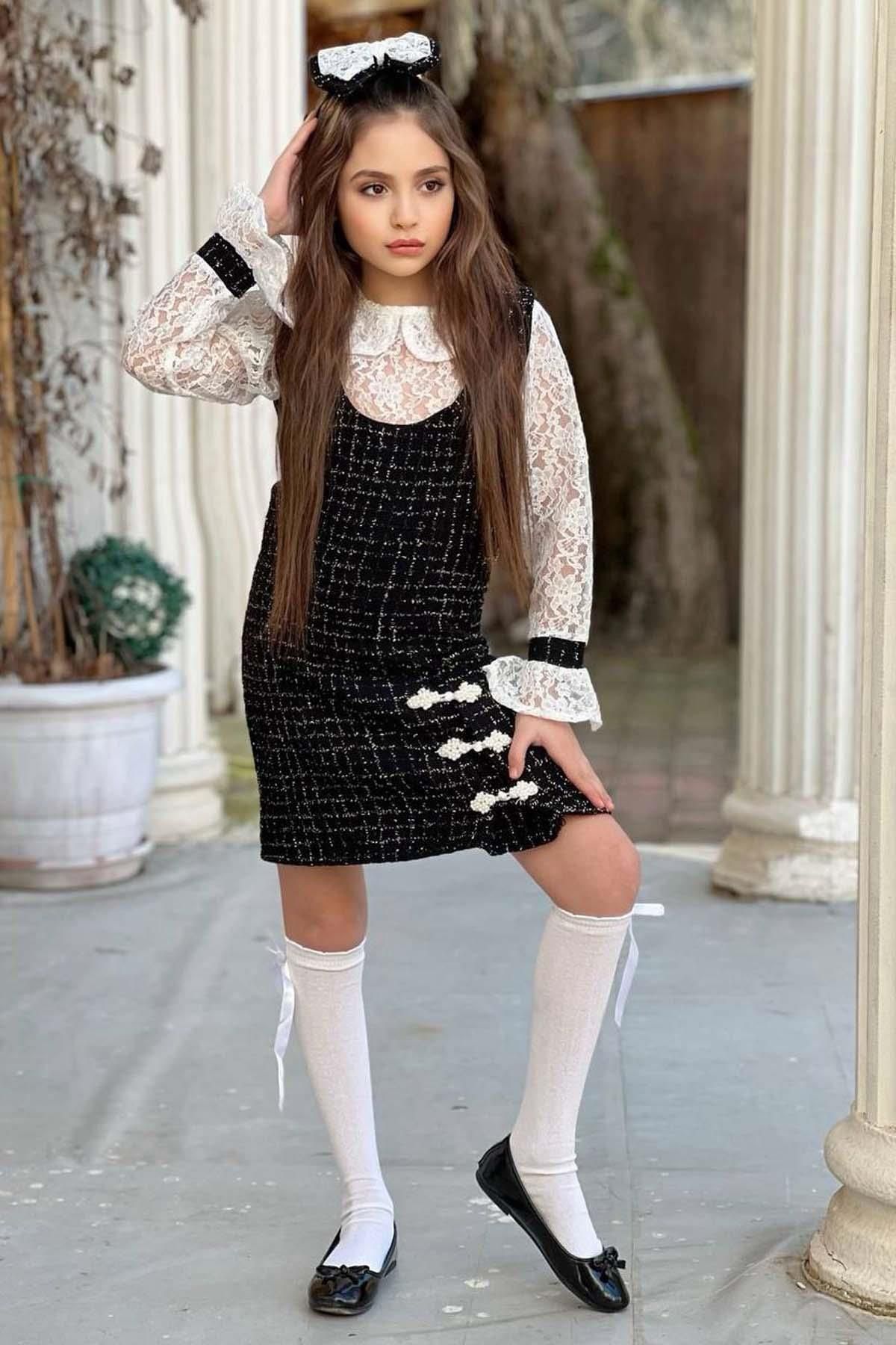 Riccotarz Kız Çocuk Yakası ve Kolları Dantel İşlemeli Kareli Şanel Kumaş Siyah Elbise