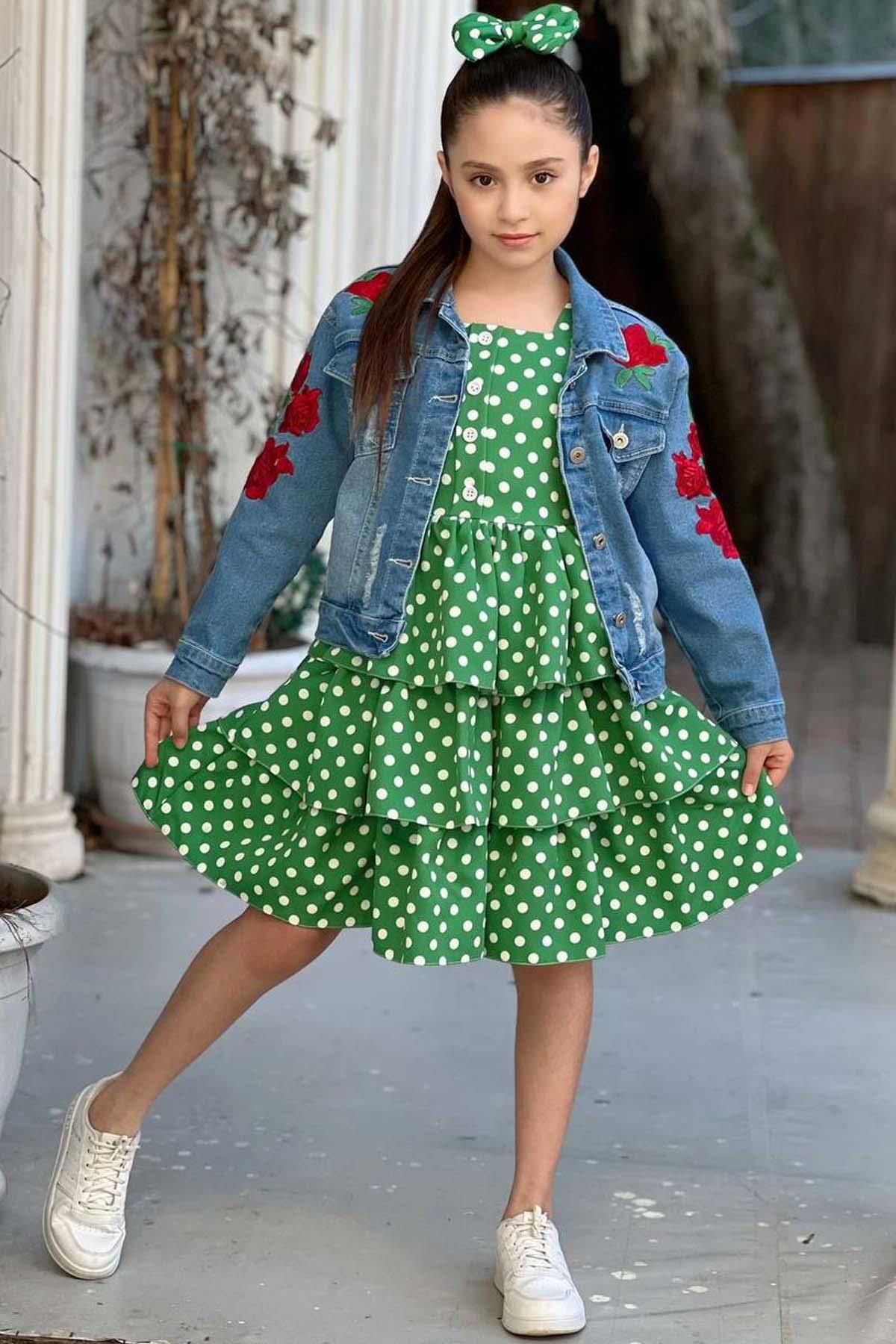 Riccotarz Kız Çocuk Çiçek Baskılı Kot Ceket Puantiyeli Kat Kat Piliseli Yeşil Elbise