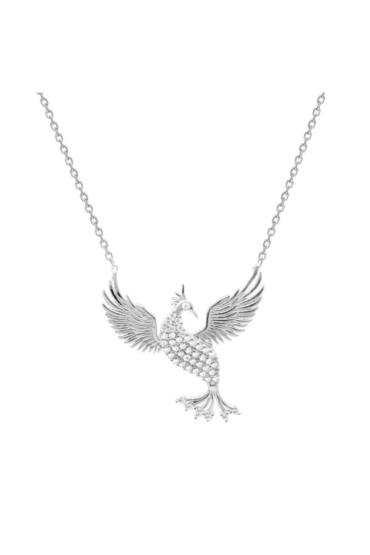 Tesbihane Beyaz Zirkon Taşlı Anka Kuşu Tasarım 925 Ayar Gümüş Kadın Kolye