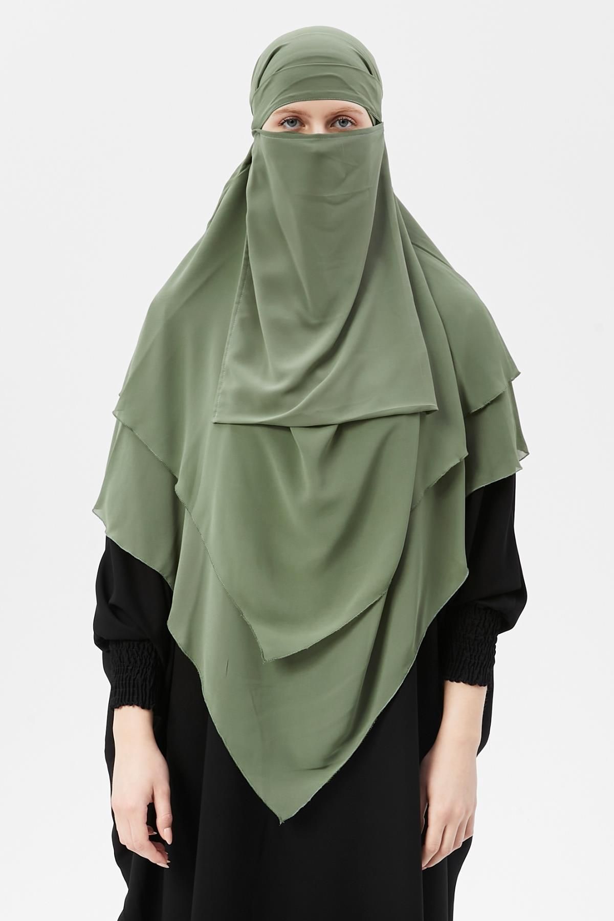Altobeh Hazır Pratik Şifon Üç Katlı Peçeli Üçgen Hac Umre Şalı Sufle Hijab Nikap Fıstık Yeşili