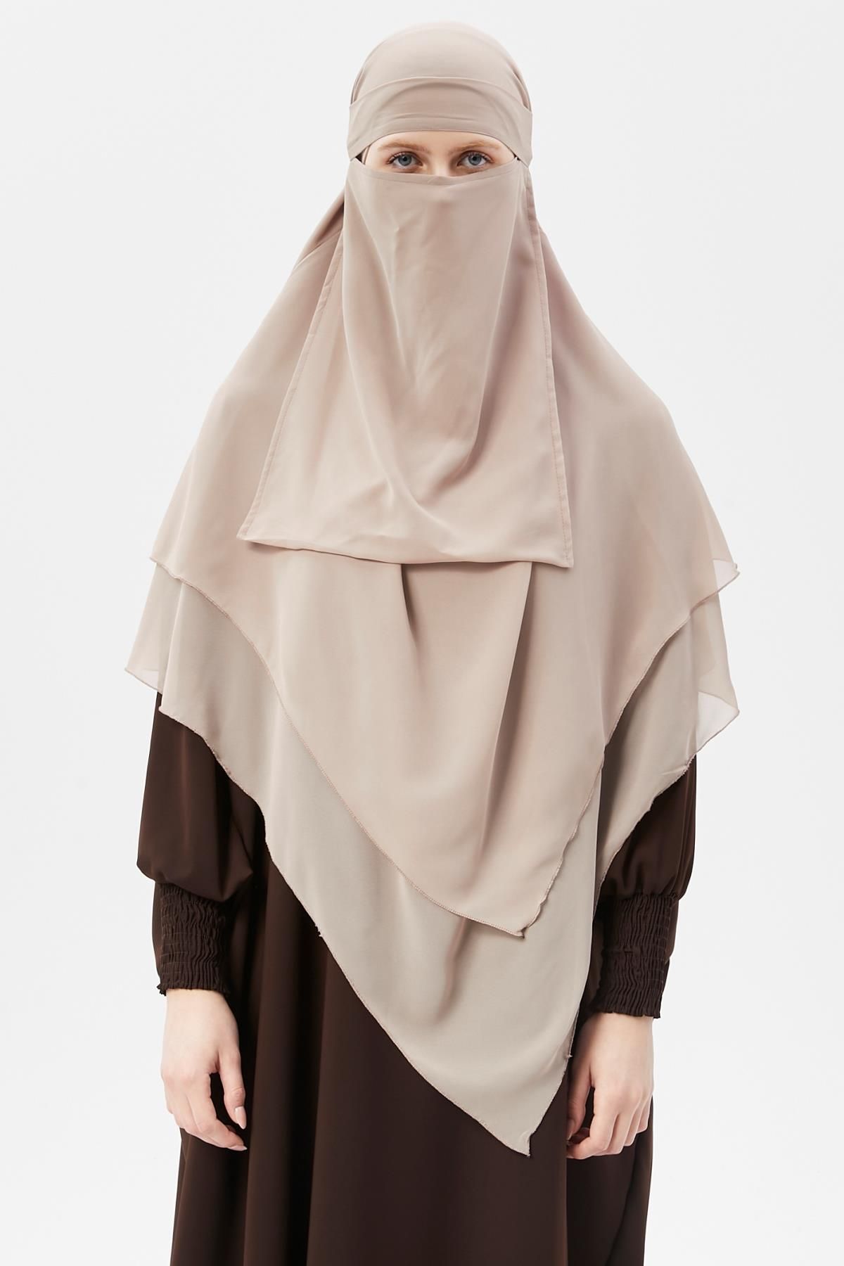 Altobeh Hazır Pratik Şifon Üç Katlı Peçeli Üçgen Hac Umre Şalı Sufle Hijab Nikap Kum Beji