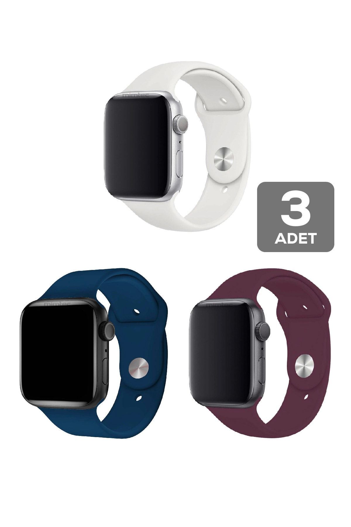 mimtec Apple Watch 3 4 5 6 7 8 9 Se 38 40 41mm Kordon Kayış 3 Adet Set Bileklik Klasik Kaliteli Silikon