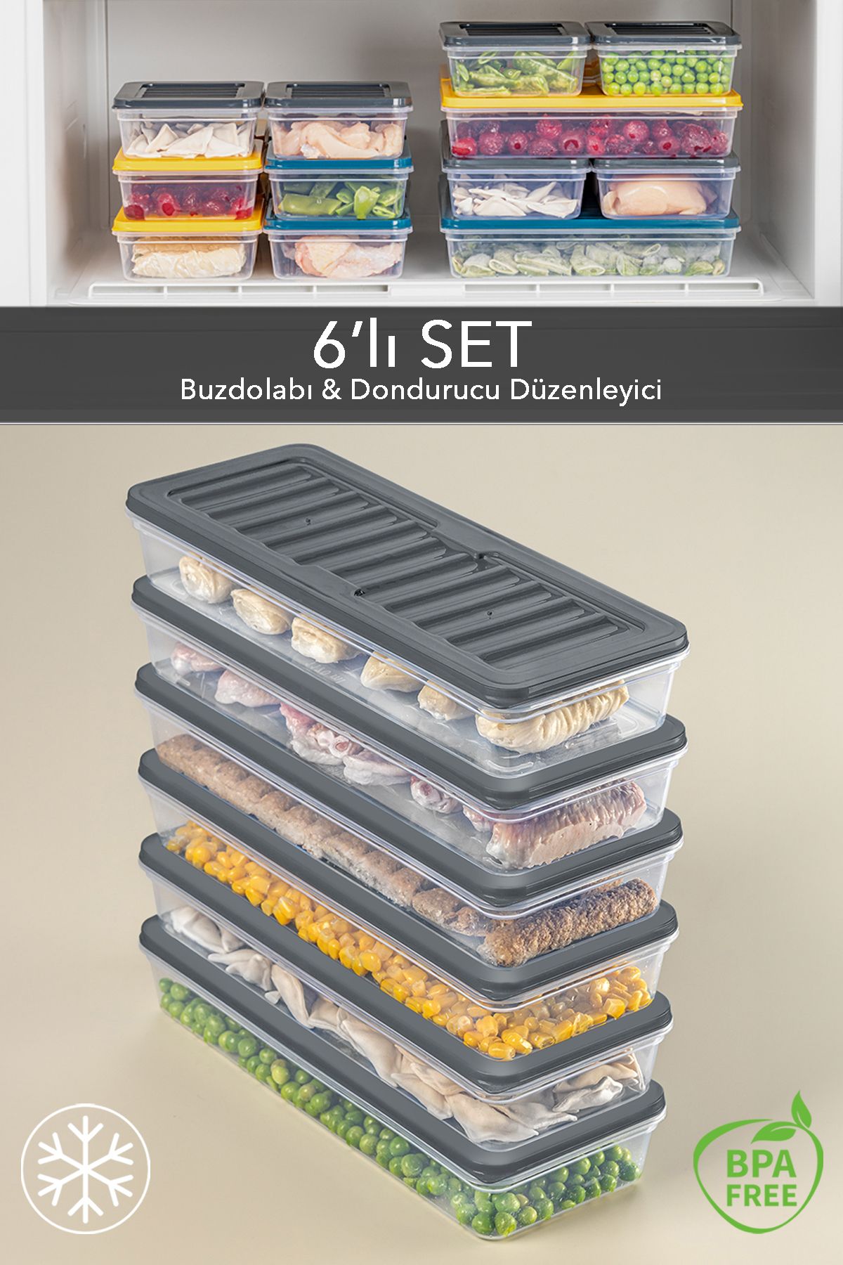 Meleni Home 6'lı Buzdolabı Organizer Mikrodalga Ve Difrize Uygun Saklama Kabı Antrasit 6 X 1170 ml