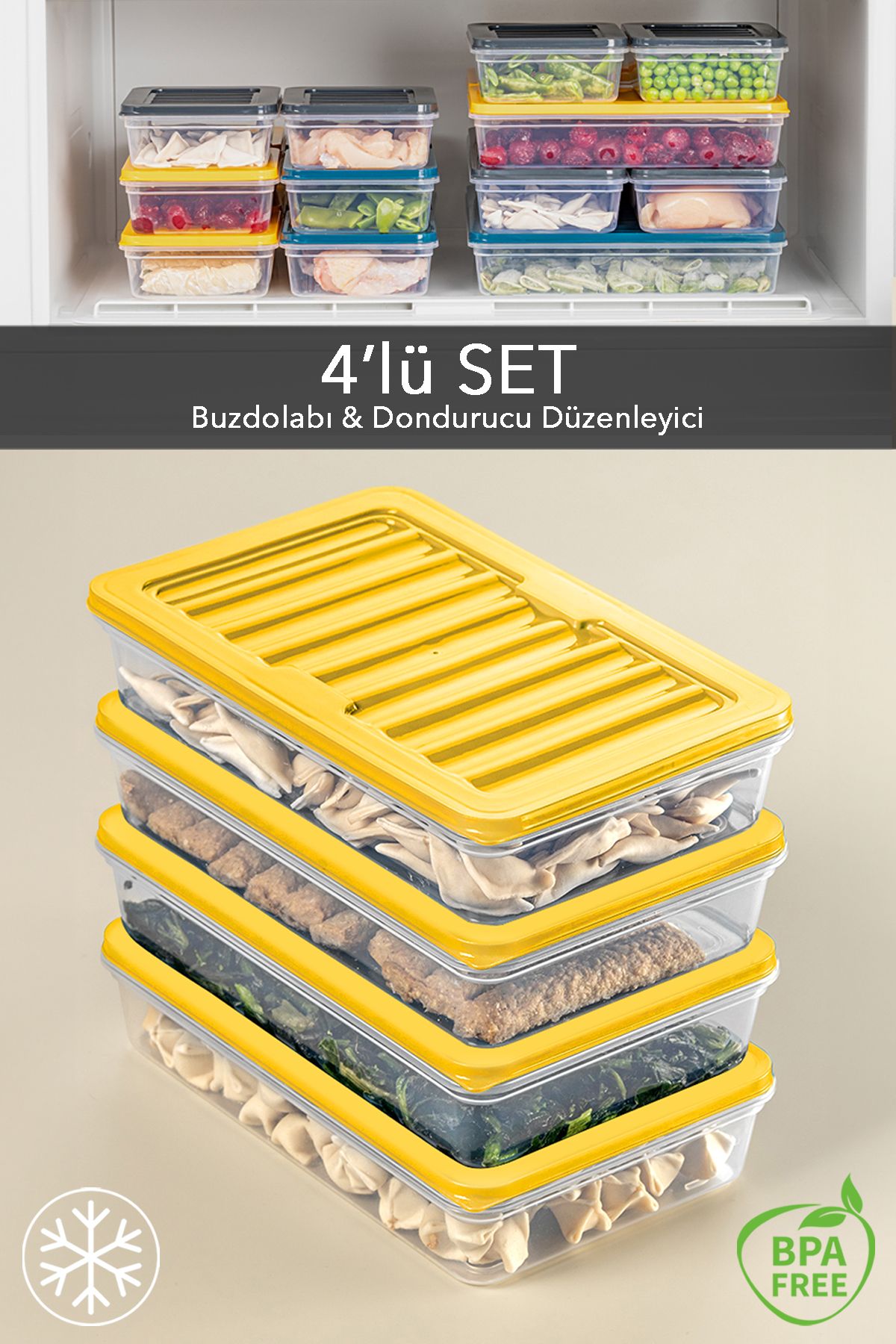 Meleni Home 4'lü Saklama Kabı , Mikrodalga Uyumlu Erzak Saklama Kabı Sarı 4 X 1200 ml