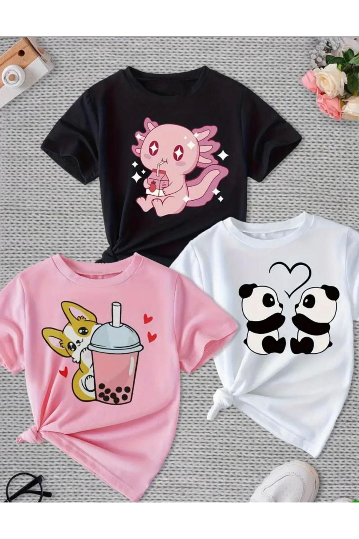 MORNİNG KİDS Kız Çocuk 3'Lü Milkshake Panda Tişört