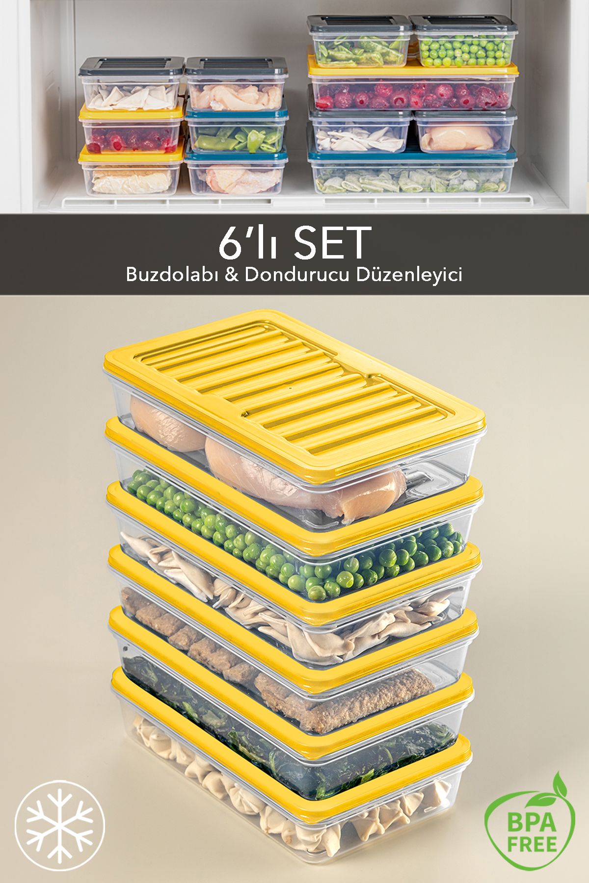 Meleni Home 6'lı Buzdolabı Organizer Mikrodalga Ve Difrize Uygun Saklama Kabı Sarı 6 X 1200 ml
