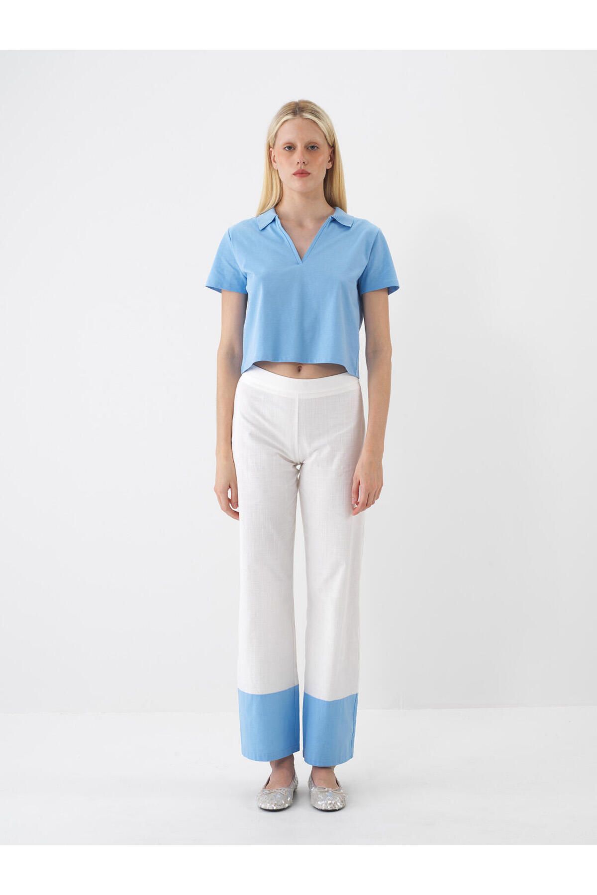 Xint Kadın Mavi Polo Yaka %100 Pamuk Oversize Tişört