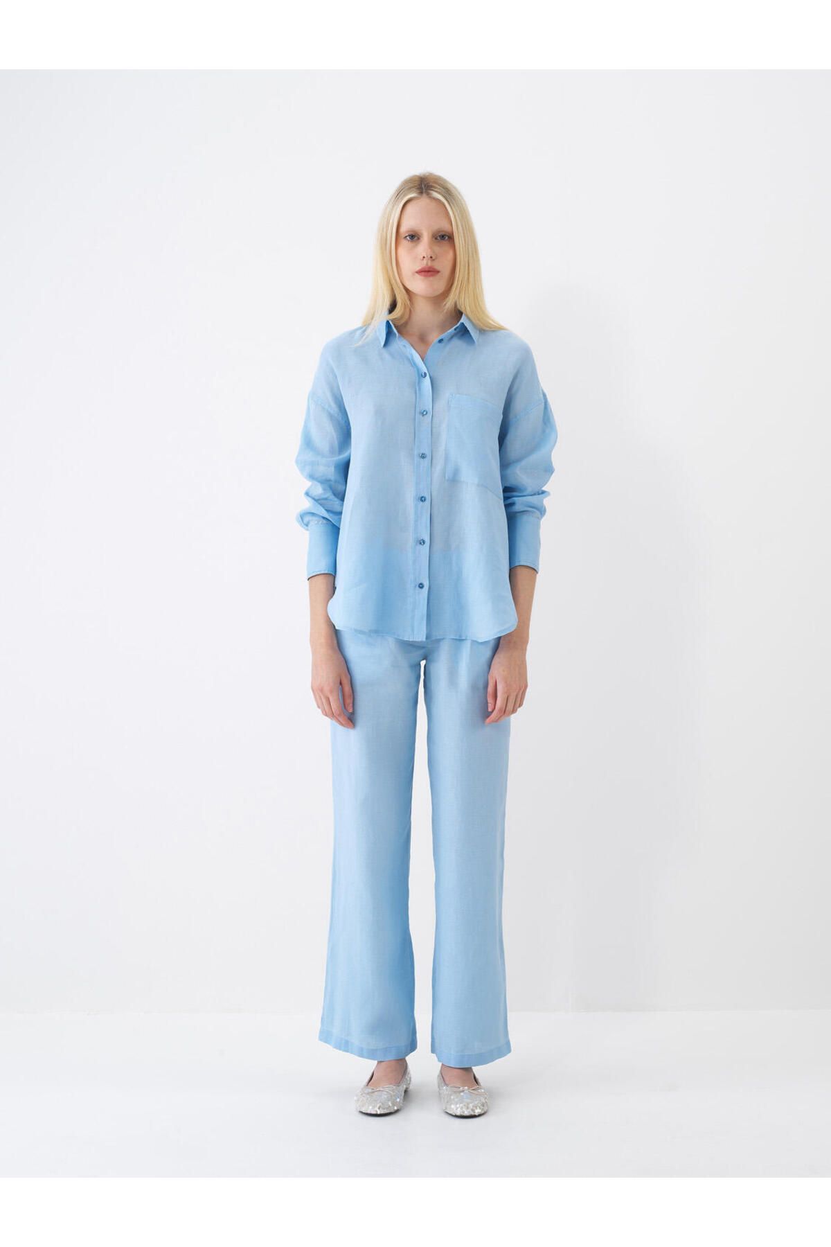 Xint Kadın Mavi %100 Keten Oversize Basic Gömlek