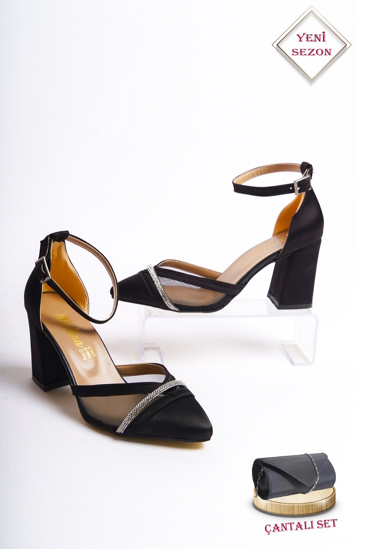 CAMOLLA Siyah Saten Taşlı Fileli Kalın Topuklu Ayakkabı ve Saten Clutch Portföy Çanta Seti