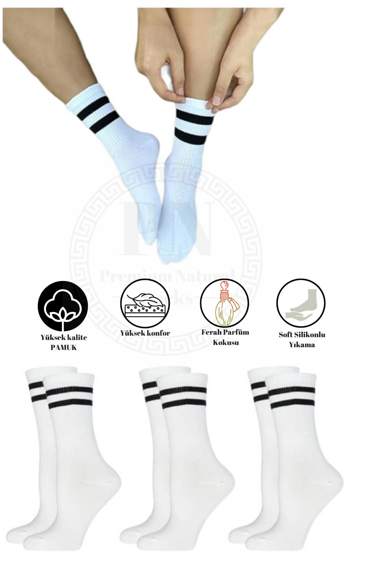 Premium Natural Socks Pamuklu Unisex Tenis Kolej Çizgili Premium Kutulu Dikişsiz Soket Çorap 3'lü