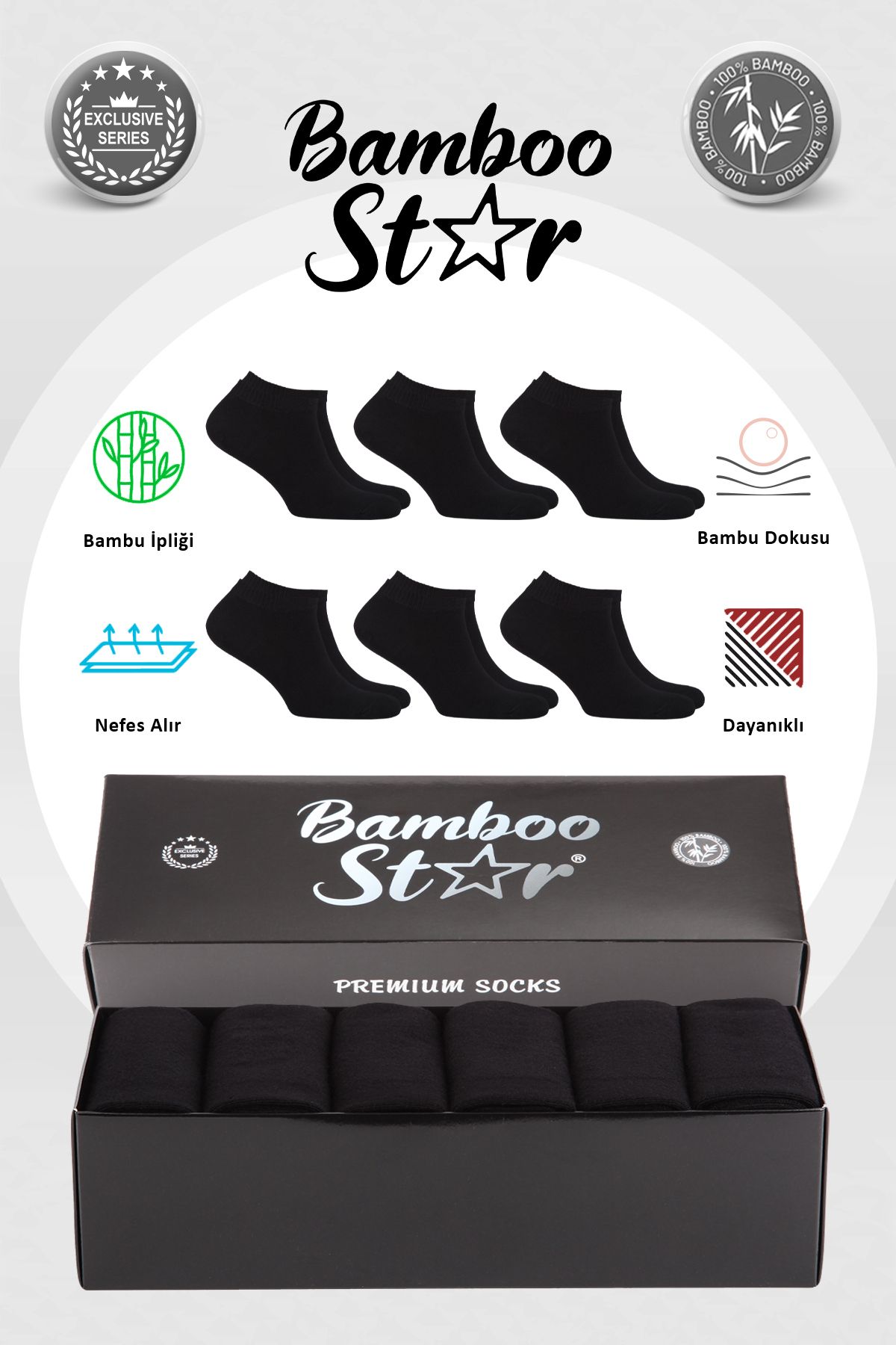 bamboo star Bambu Erkek Patik Düz Siyah Çorap Dikişsiz Premium Kutulu 6'lı