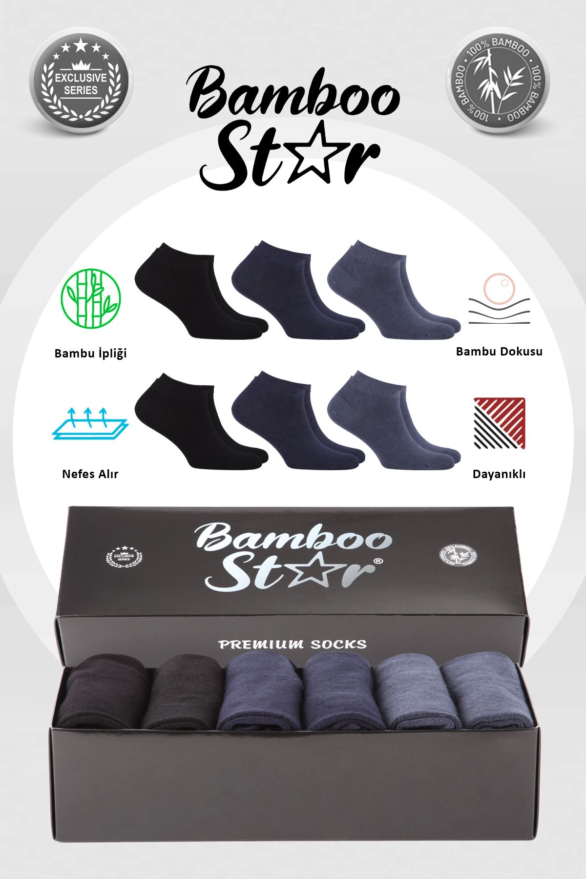 bamboo star Bambu Erkek Patik Düz Asorti Çorap Dikişsiz Premium Kutulu 6'lı (2 Siyah - 2 Lacivert - 2 Füme)