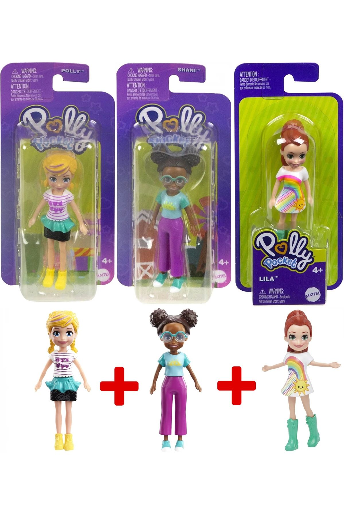 Polly Pocket 3'lü set Lila , Shani ve Polly Pocket Dolls Main Character Seti Girl Toy Bebek Brunette Black Blonde