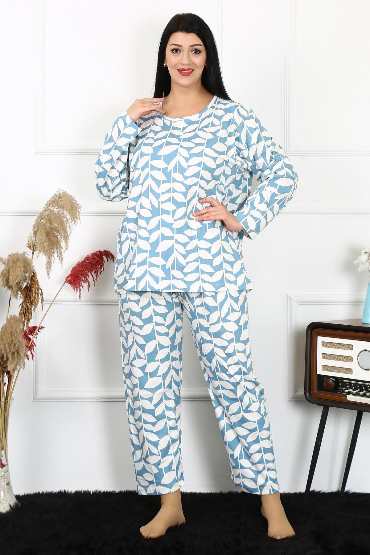 Tozlu Yaka Moda Çizgi Kadın 5XL-6XL-7XL-8XL Büyük Beden Uzun Kol Pijama Takım 202216