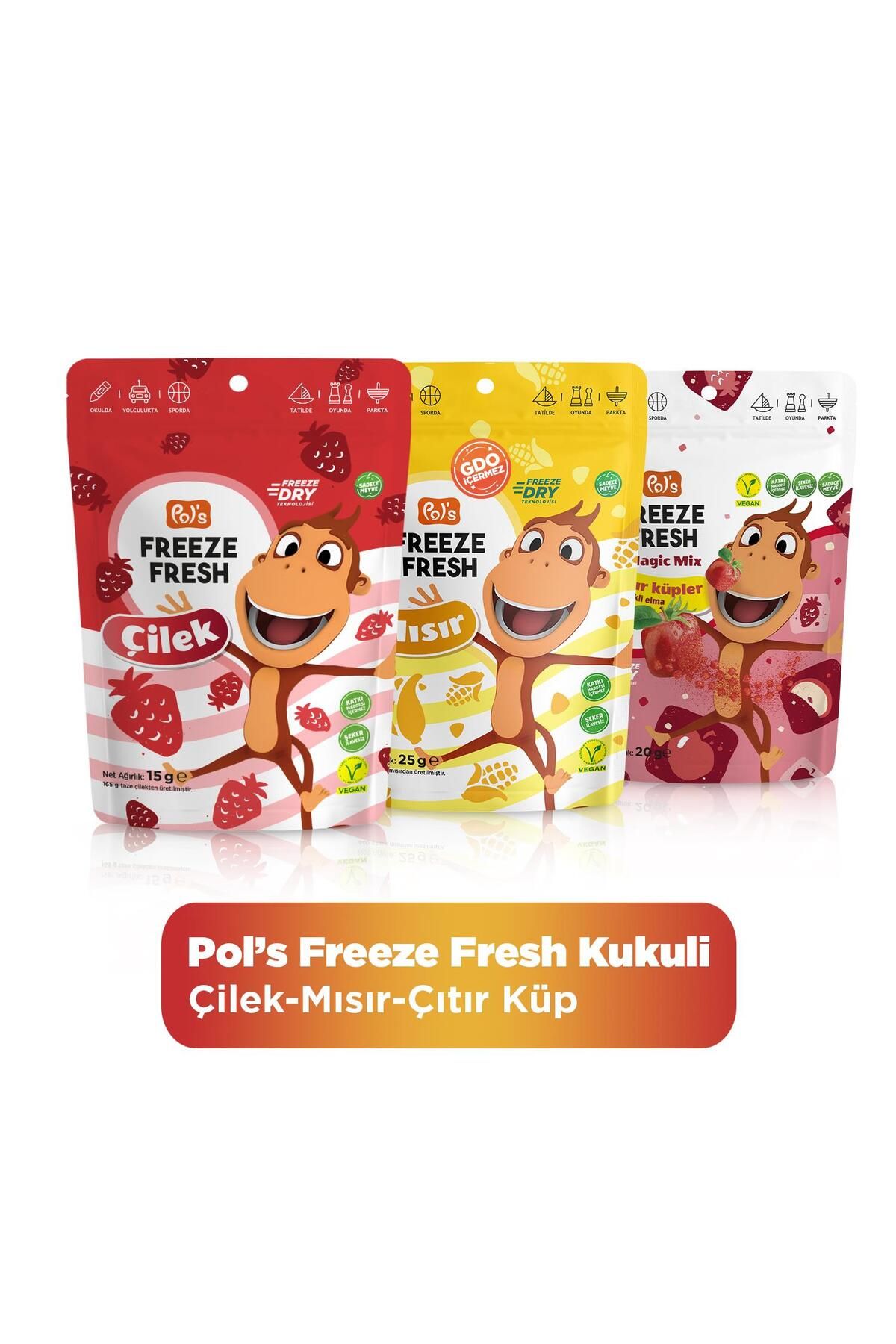 Pol's Freeze Fresh Kukuli Çocuk Serisi Çilek 15 g, Mısır 25 g, Çıtır Küp 20 g