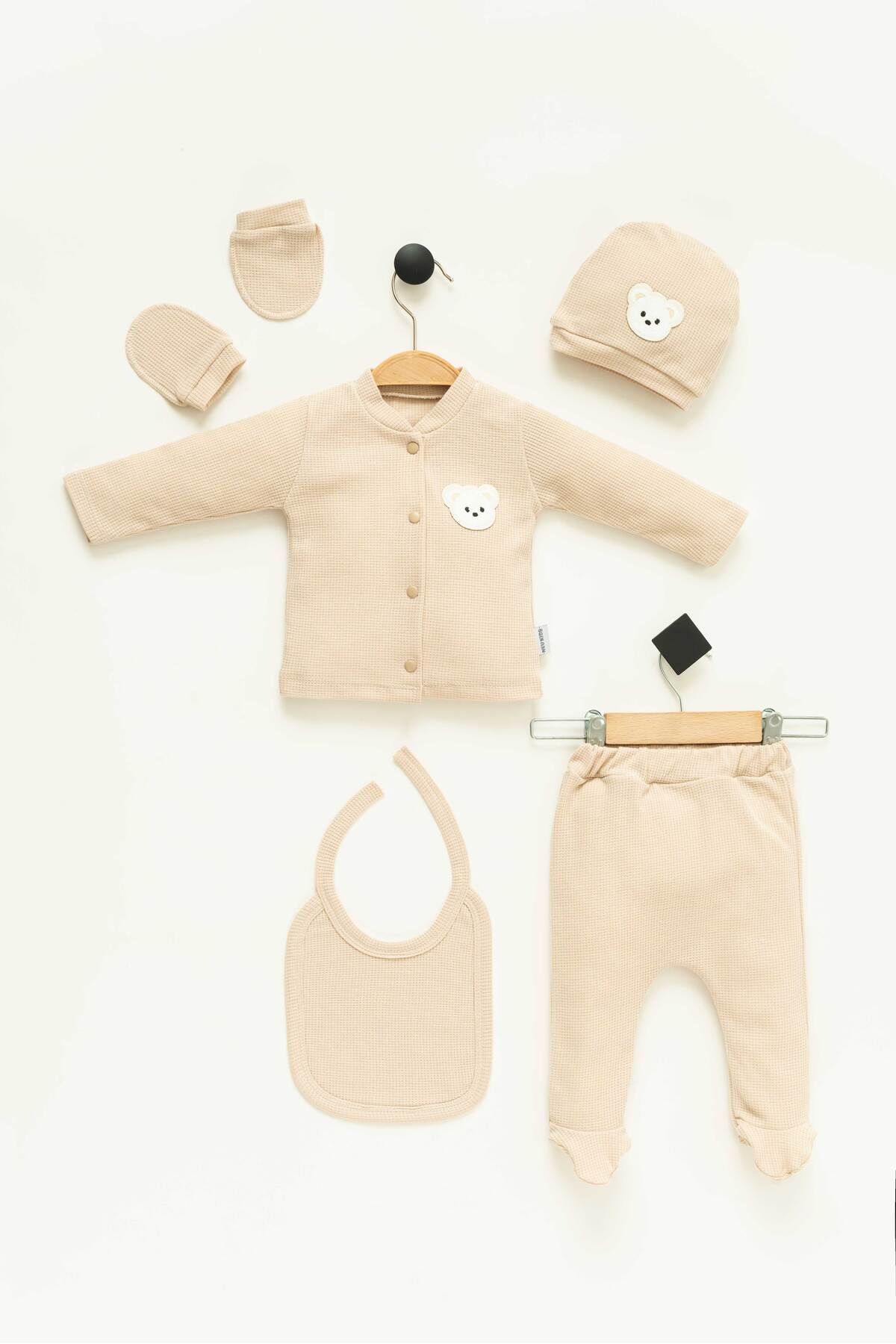 NEU KIDS Hastane Çıkışı 100% Pamuk Ayıcık Süzene Nakışlı Yenidoğan 5li Set Bebek Kıyafeti