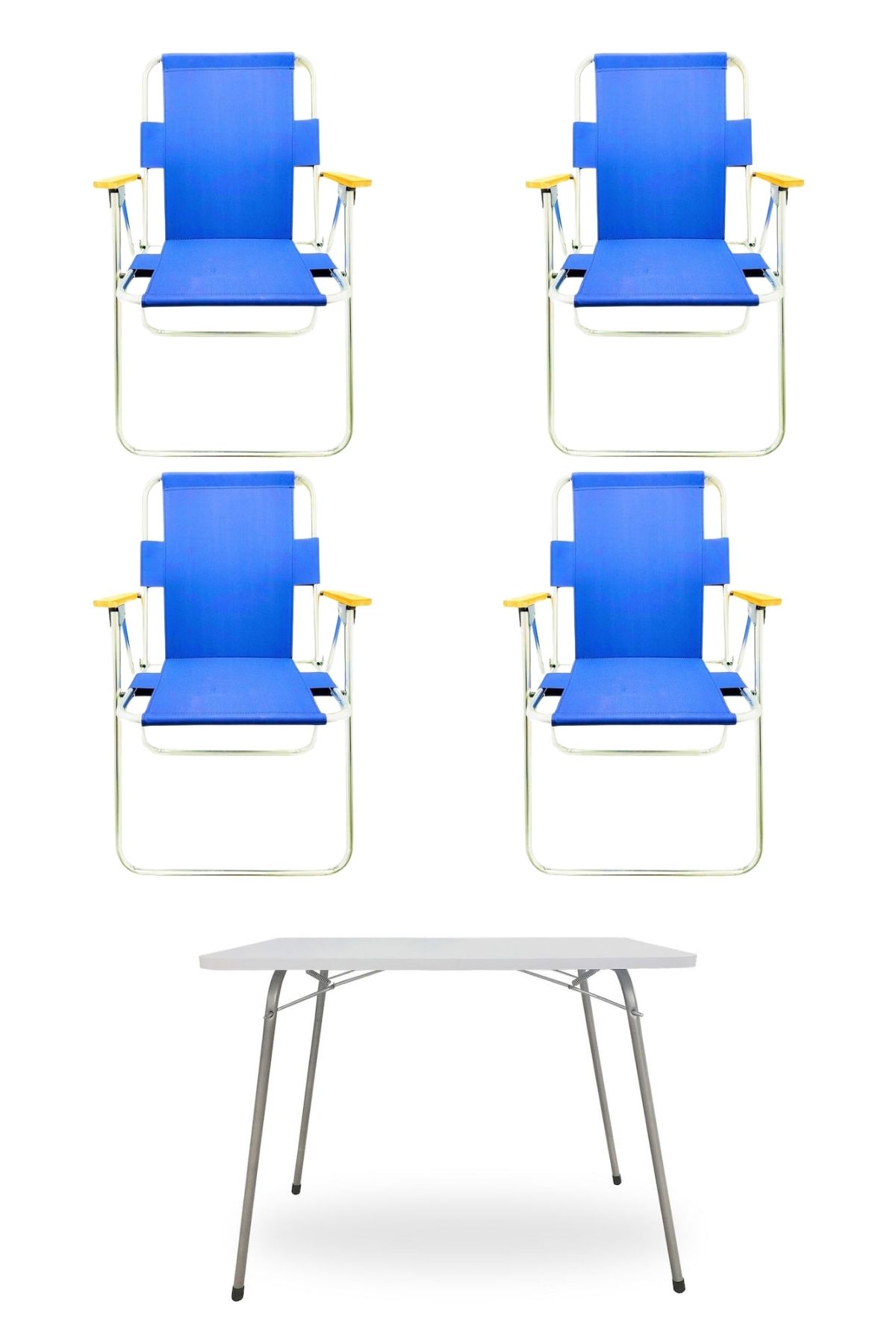 Tedarikcenter 4 Adet Ahşap Kollu Katlanır Kamp Sandalyesi Mavi Ve 1 Adet 60x80 cm Katlanır Masa