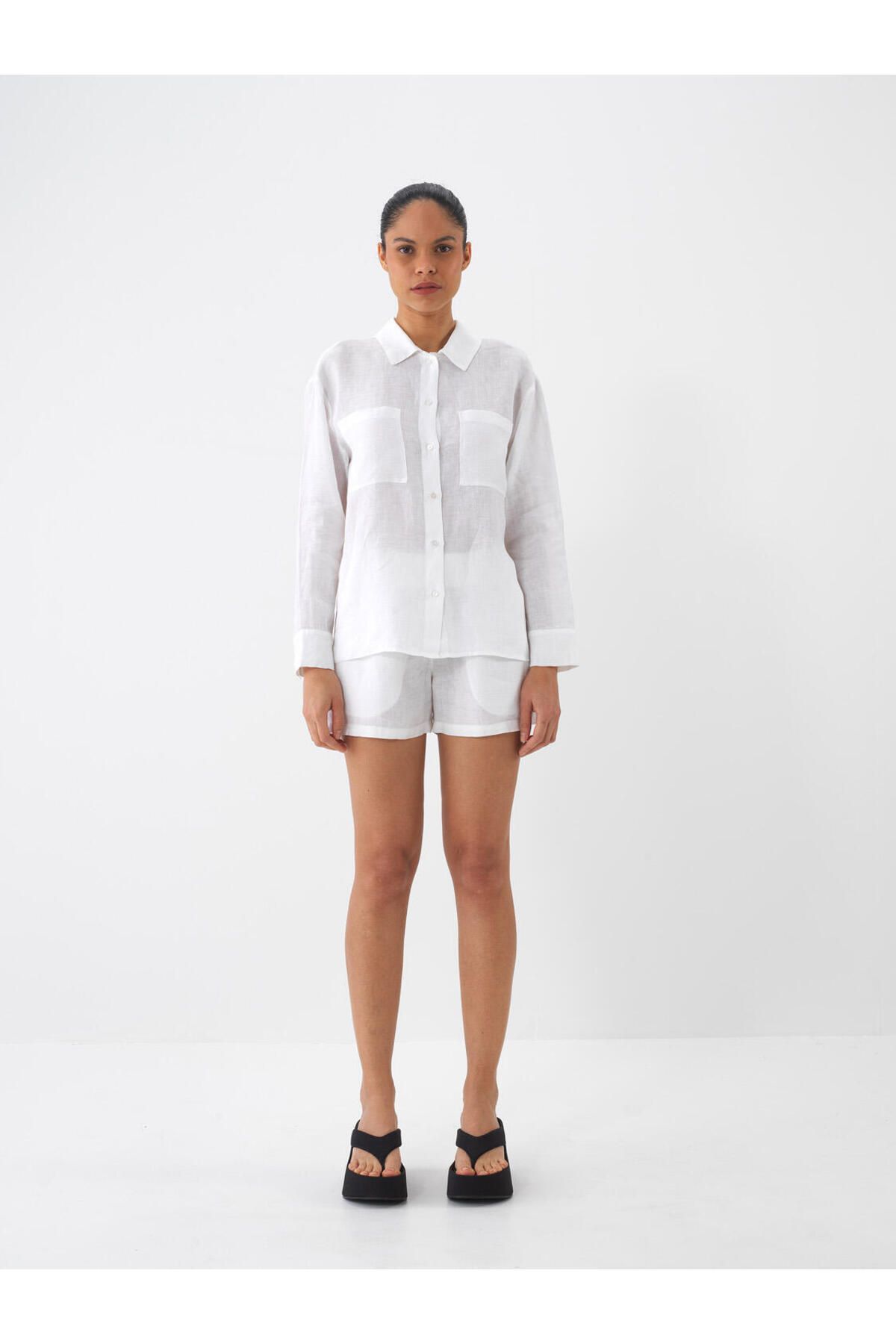Xint Kadın Beyaz %100 Keten Sırtı Tüllü Oversize Gömlek