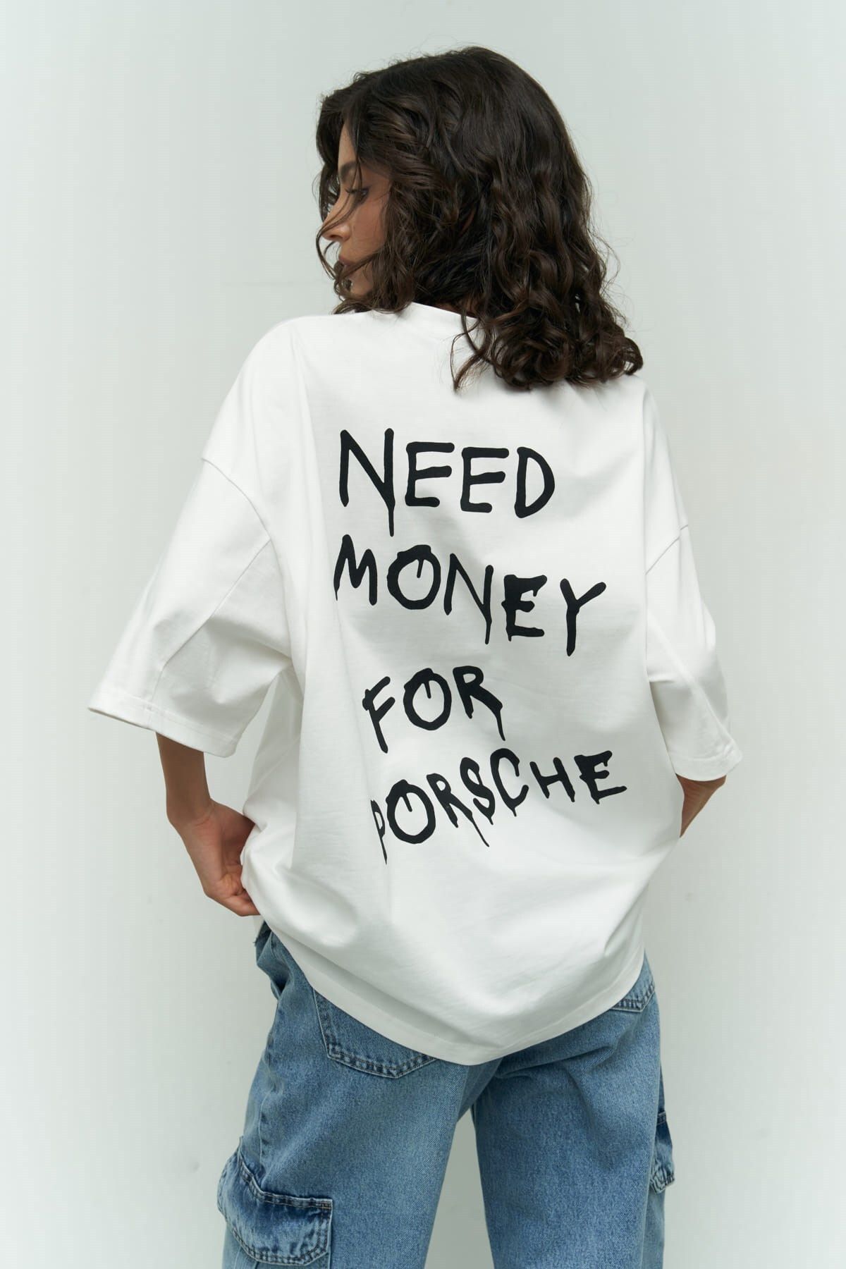 MAİ COLLECTİON Need Money Beyaz Oversize T-Shirt