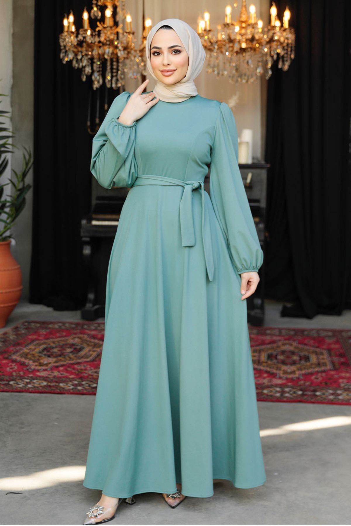 Neva Style Kemerli Çağla Yeşili Tesettür Elbise 23101CY