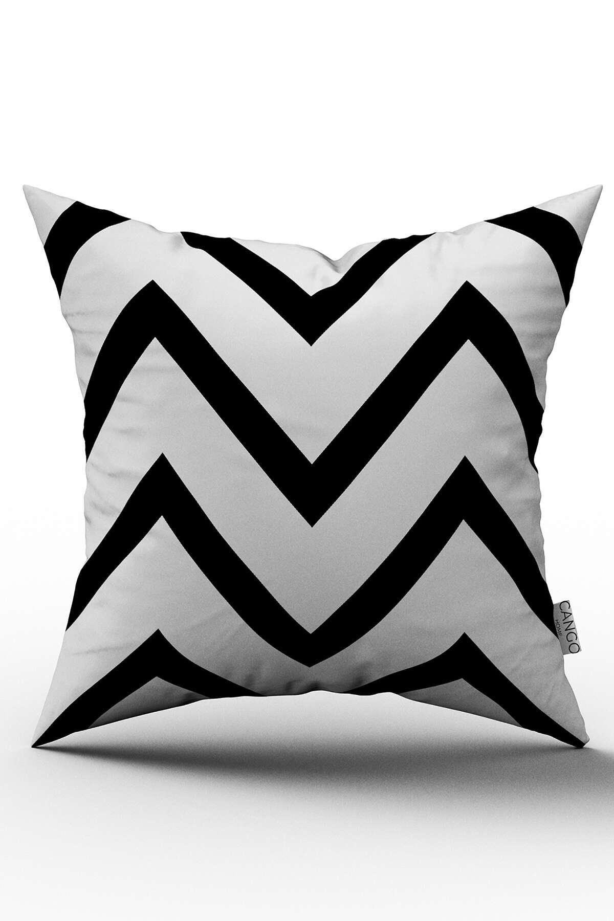 Cango Home Çift Taraflı Beyaz Siyah Dekoraif Zigzag Desenli Dijital Baskılı Kırlent Kılıfı - Otyk561-ct