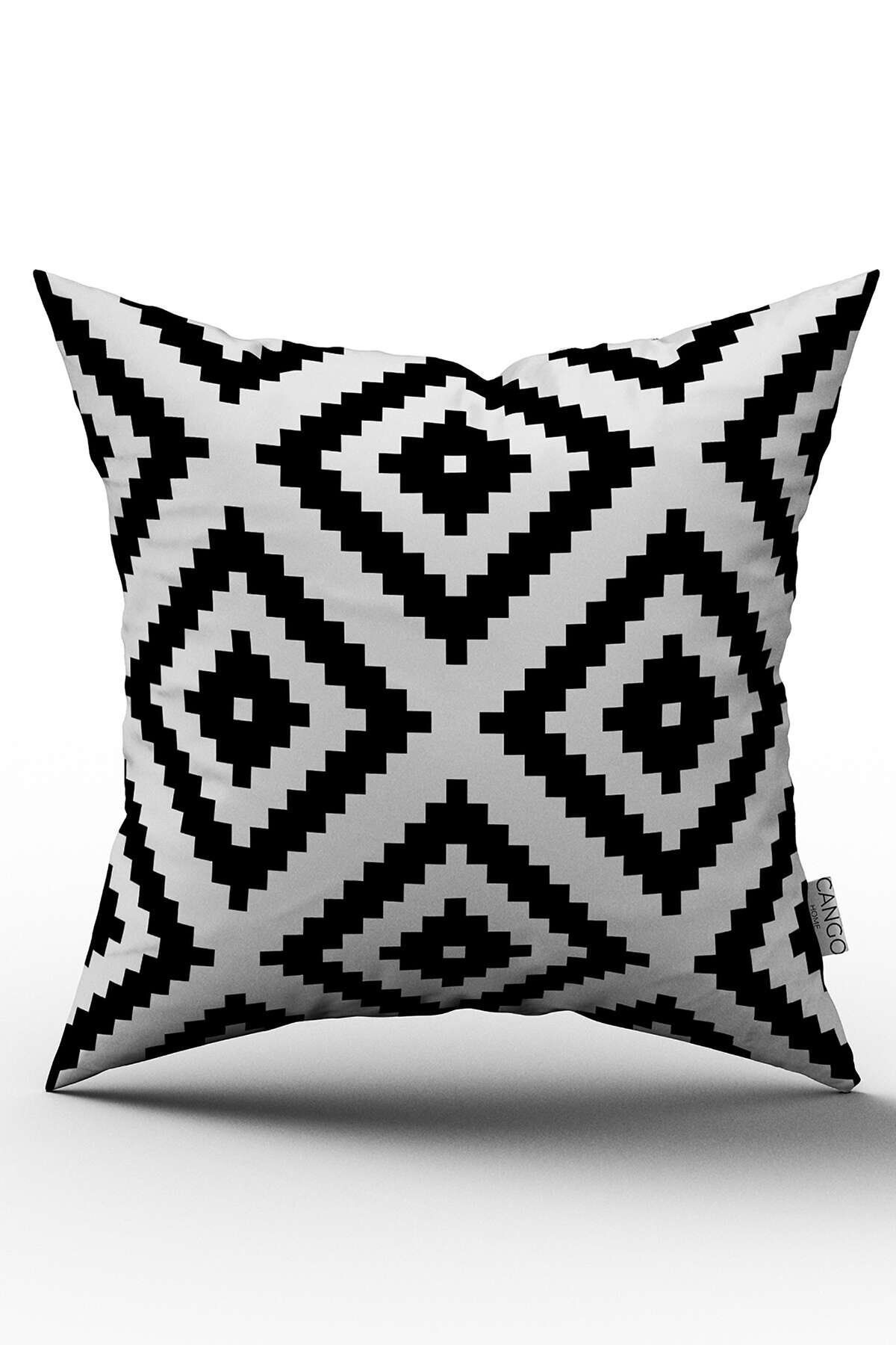 Cango Home Beyaz Siyah Geometrik Baklava Desenli Dijital Baskılı Kırlent Kılıfı - Otyk556