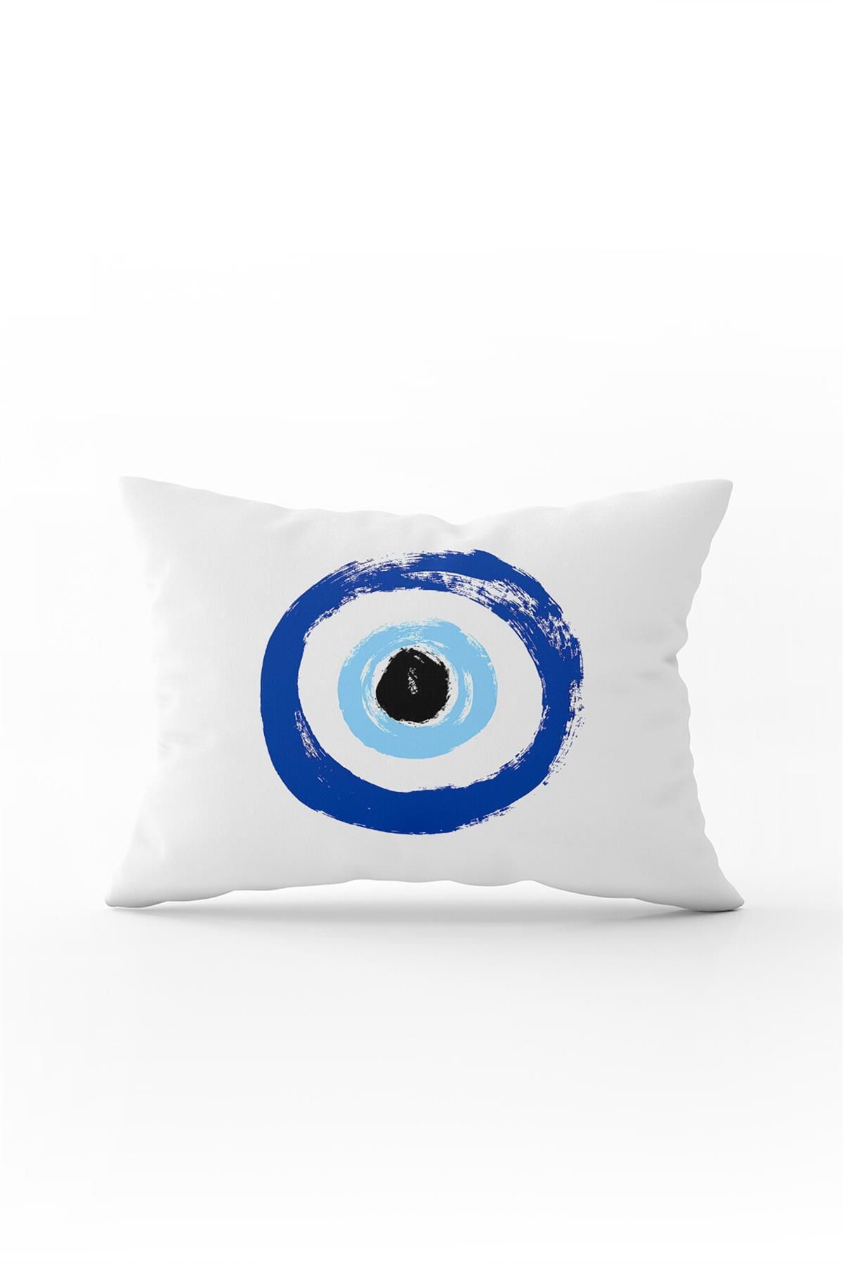 Cango Home Beyaz Mavi Nazar Boncuğu Desenli Boncuklu Dijital Baskı Kırlent Yastık Kılıfı - Cgh477-3550 Çift Tar
