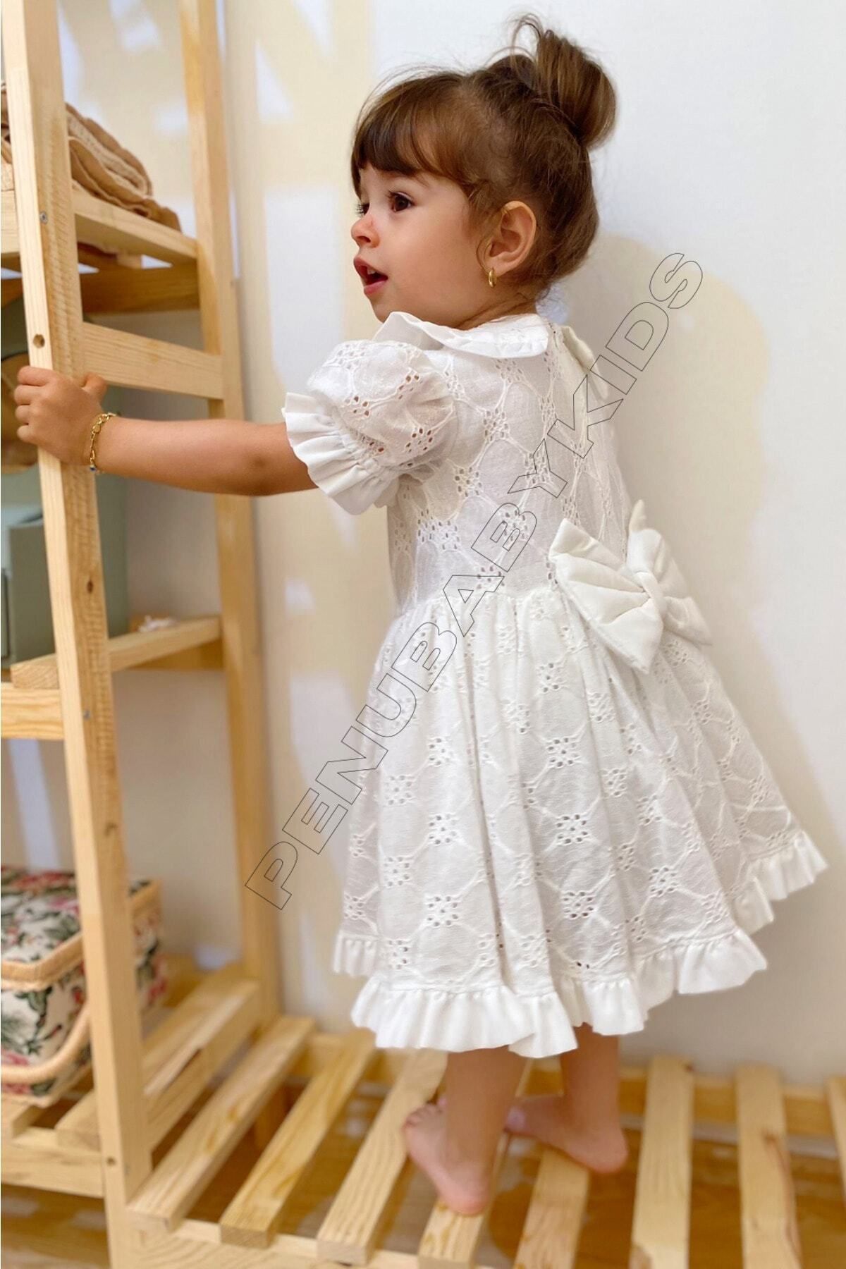 penu baby kids Beyaz Fistolu Bebe Yaka Kısa Kol Kız Bebek Elbise - Angel
