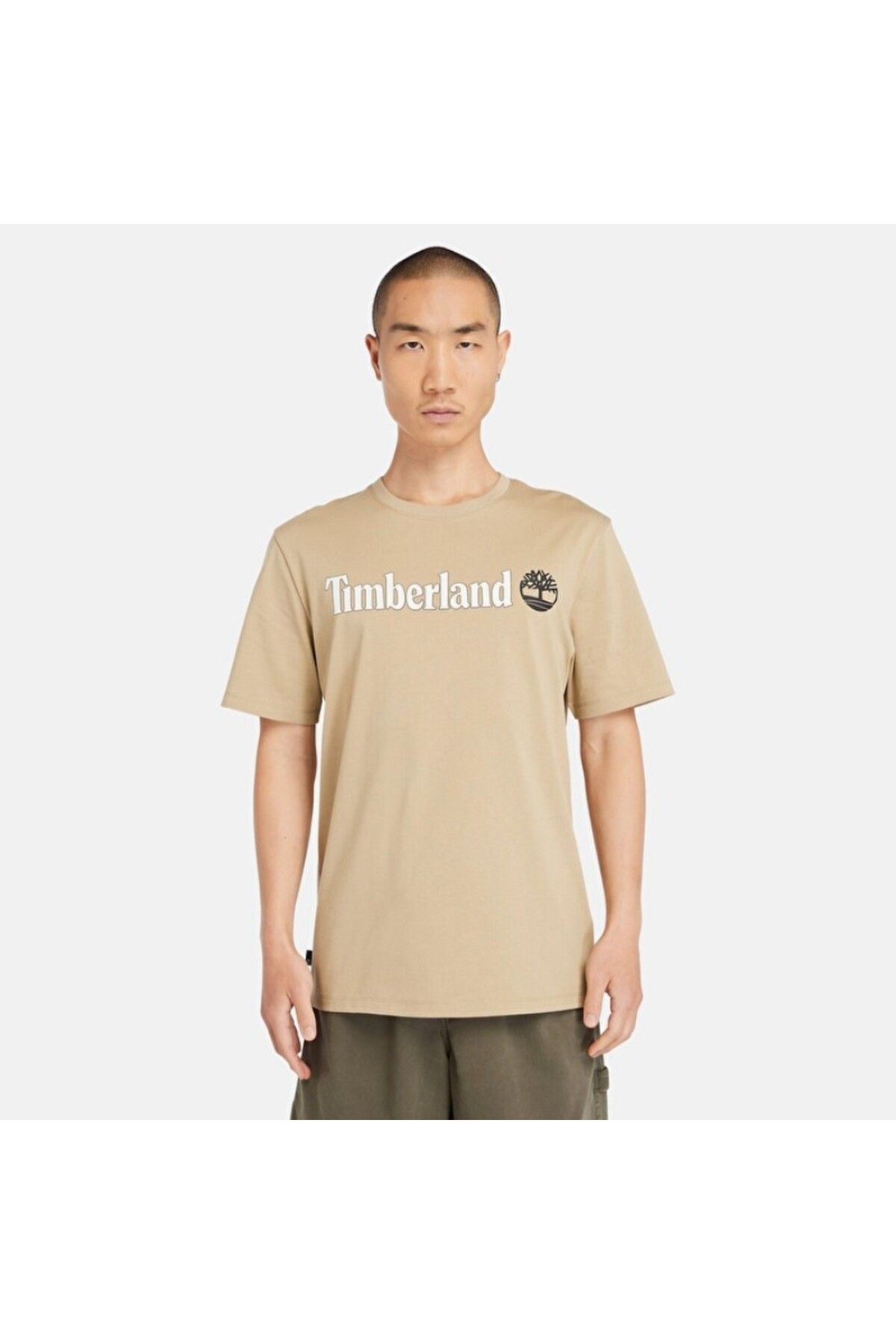 Timberland Linear Logo Erkek Bej Yuvarlak Yaka Tişört