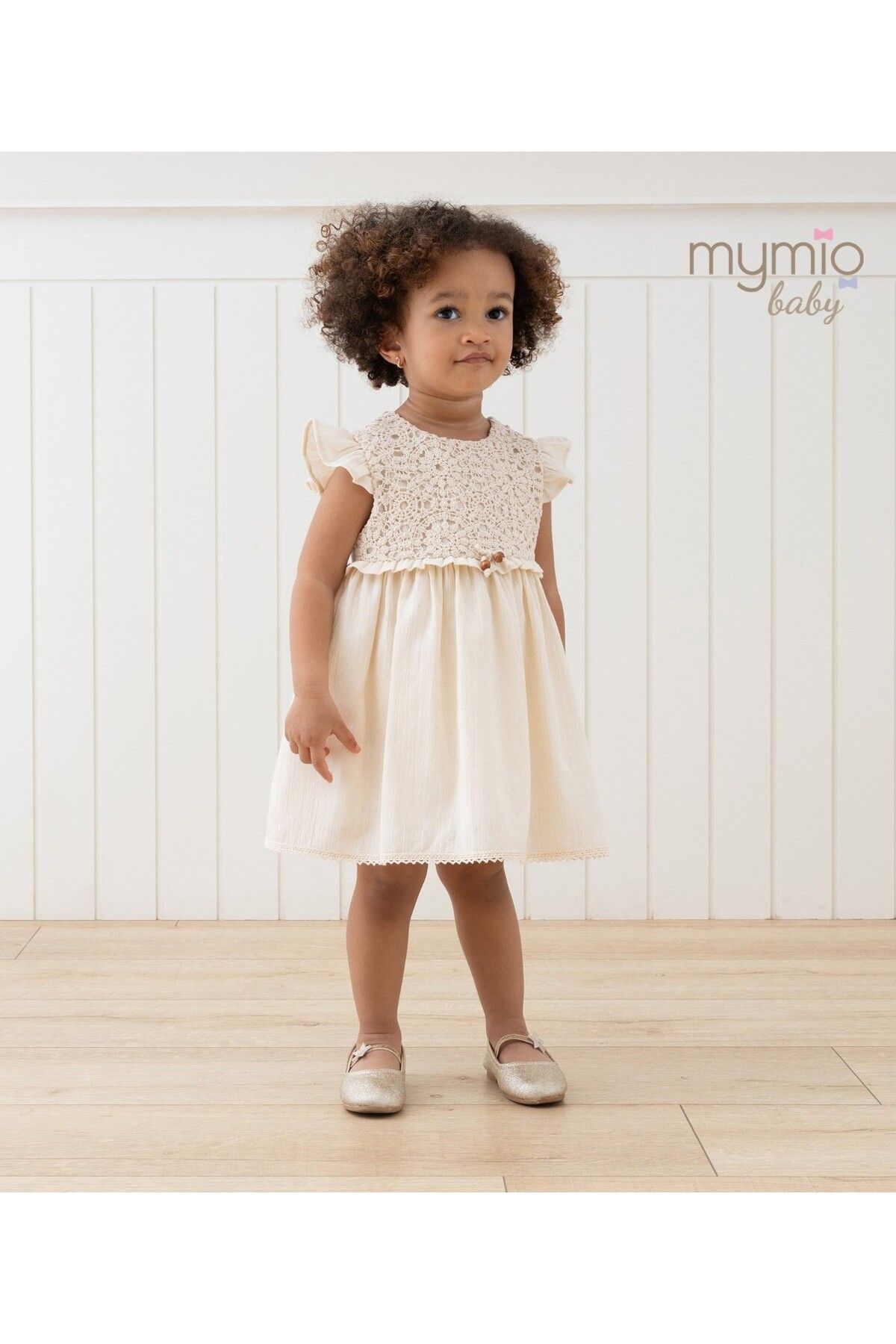 Mymio 6-24 Ay Bej Kısa Kol Nakışlı Pamuk Kız Bebek Yazlık Elbise