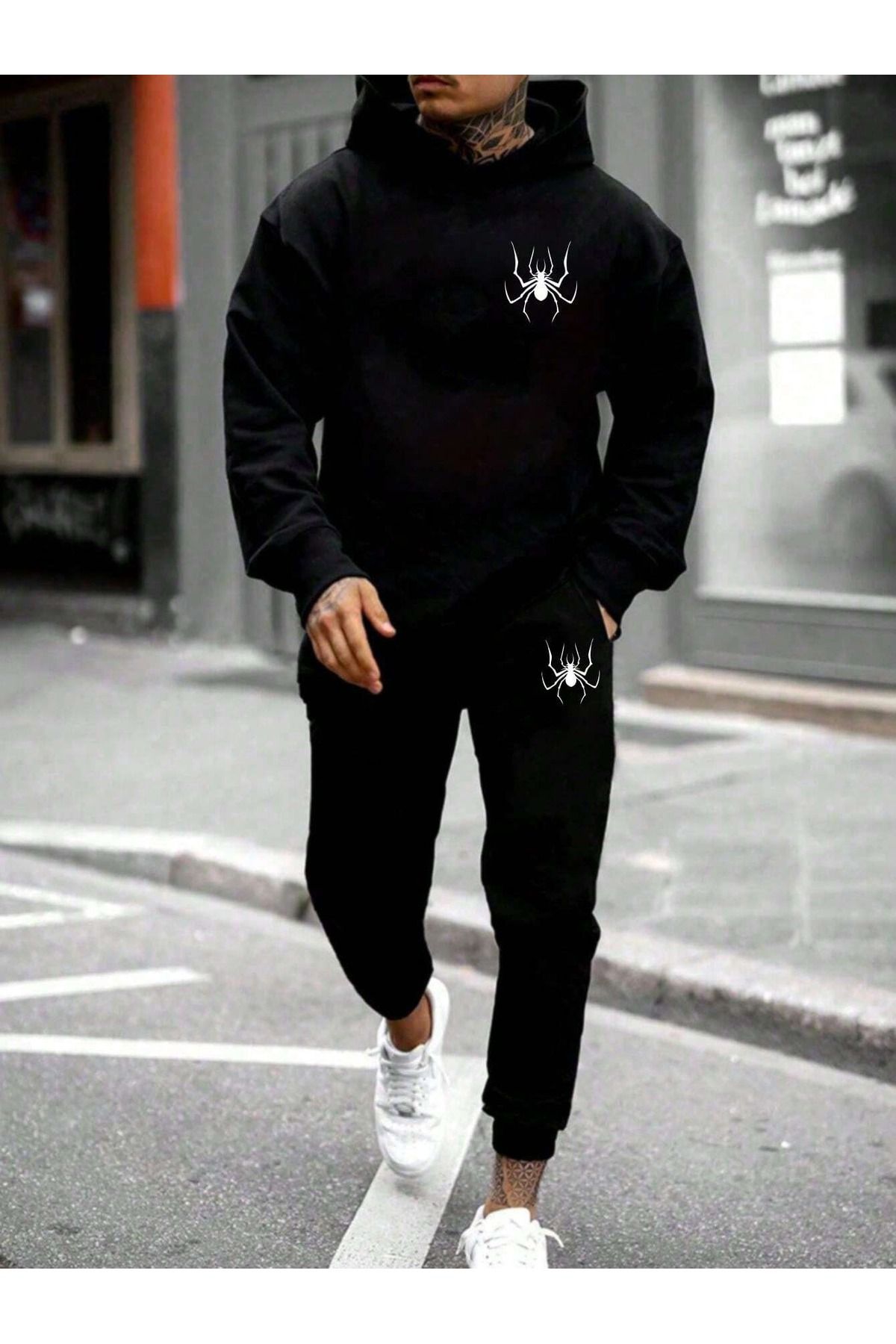 DAXİS Sportwear Company Baskılı Unisex Alt Üst Kombin Siyah Eşofman Takımı - Kapüşonlu Sweatshirt Eşofman Altı Jogger