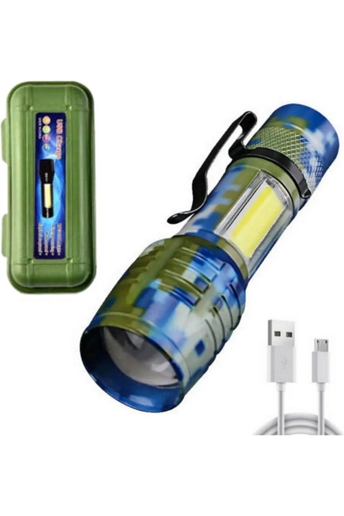 BarkoFix Güçlü LED USB Şarjlı Mini El Feneri 2 Mod Yan LED Çakarlı Deprem Feneri Kamp Fener Kamuflaj Desenli