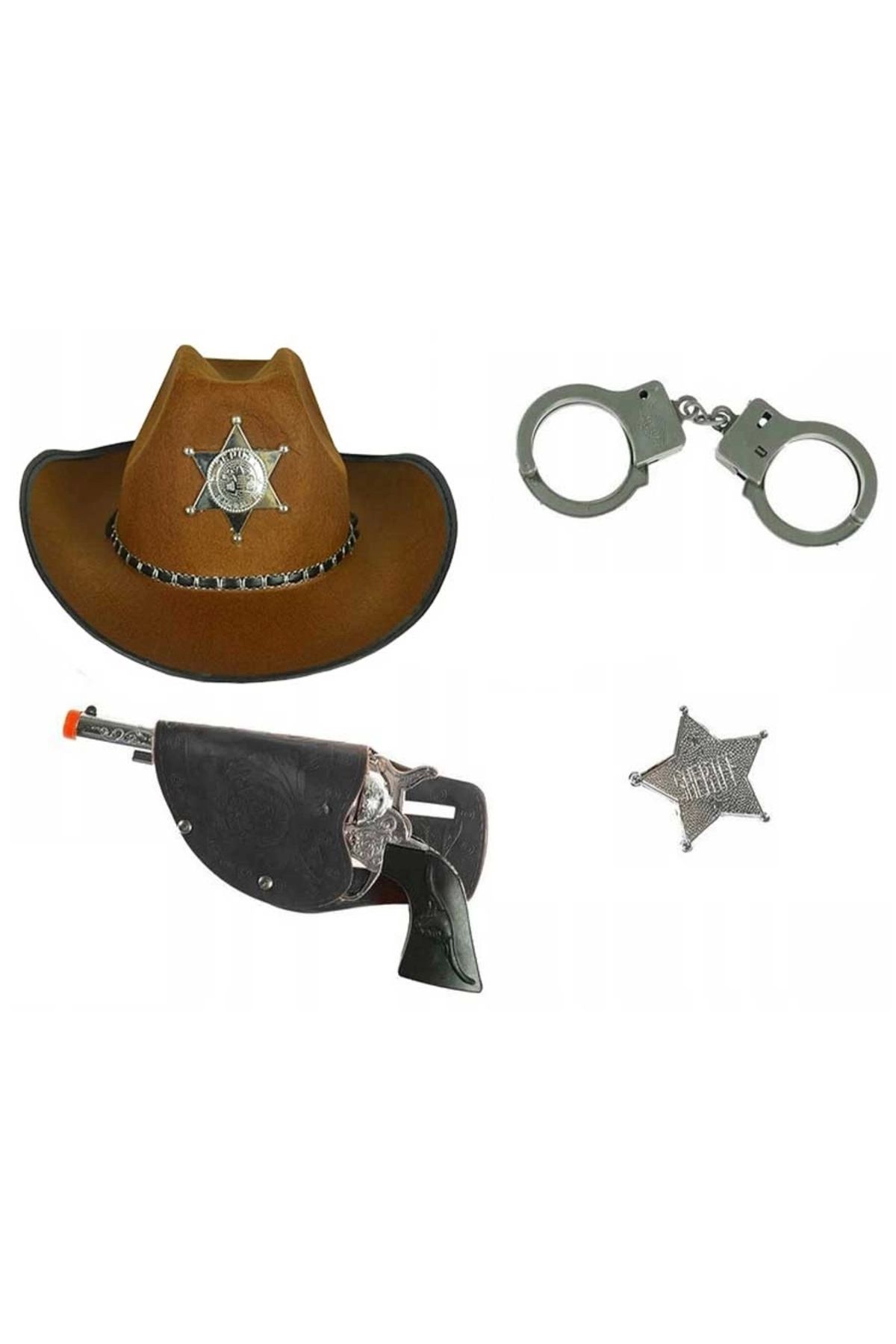 Skygo Çocuk Boy Kahverengi Şerif-kovboy Şapka Tabanca Rozet Ve Kelepçe Seti 4 Parça