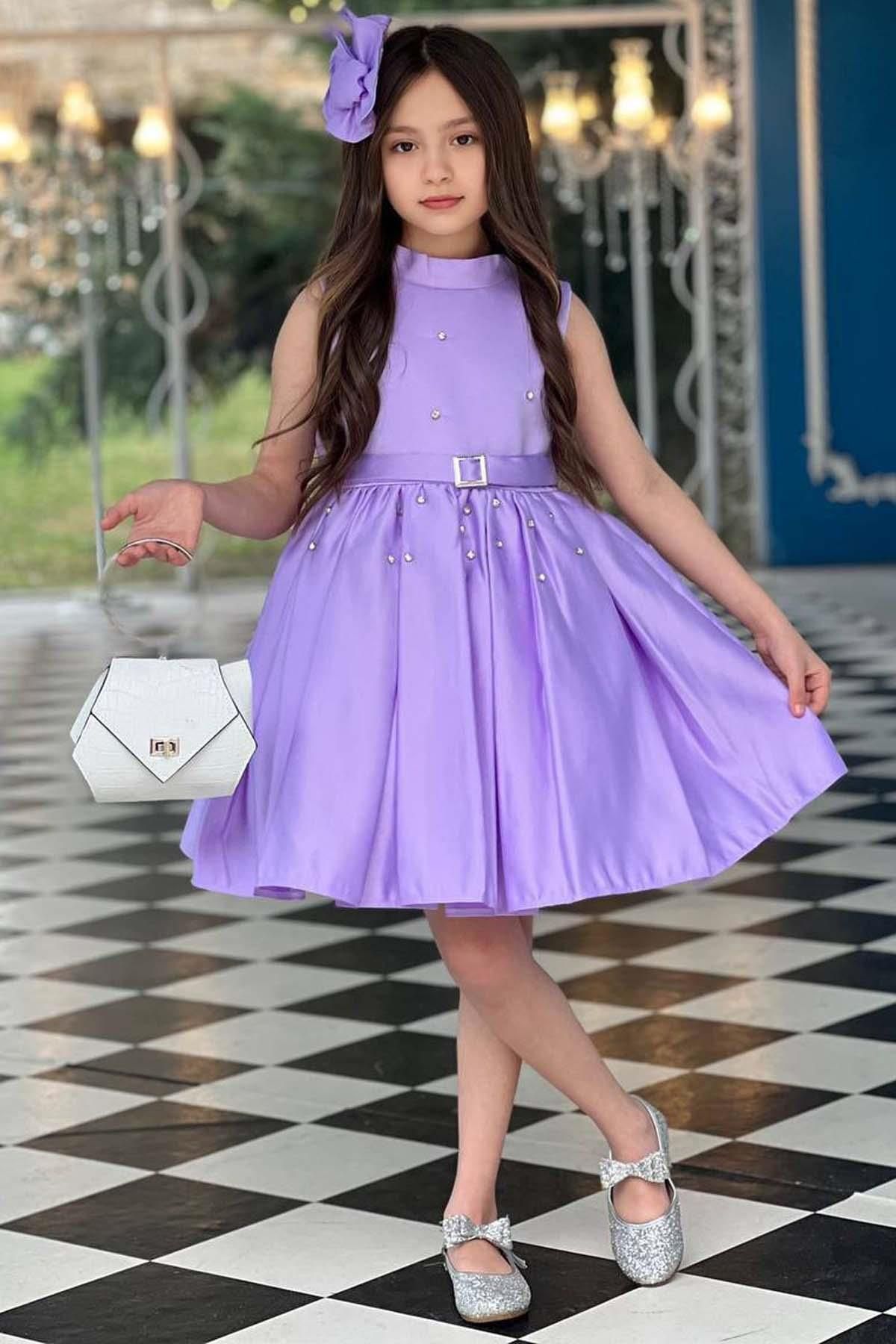 Riccotarz Kız Çocuk Boydan Üzeri Taş İşlemeli Kemer Detaylı Piliseli Lila Elbise