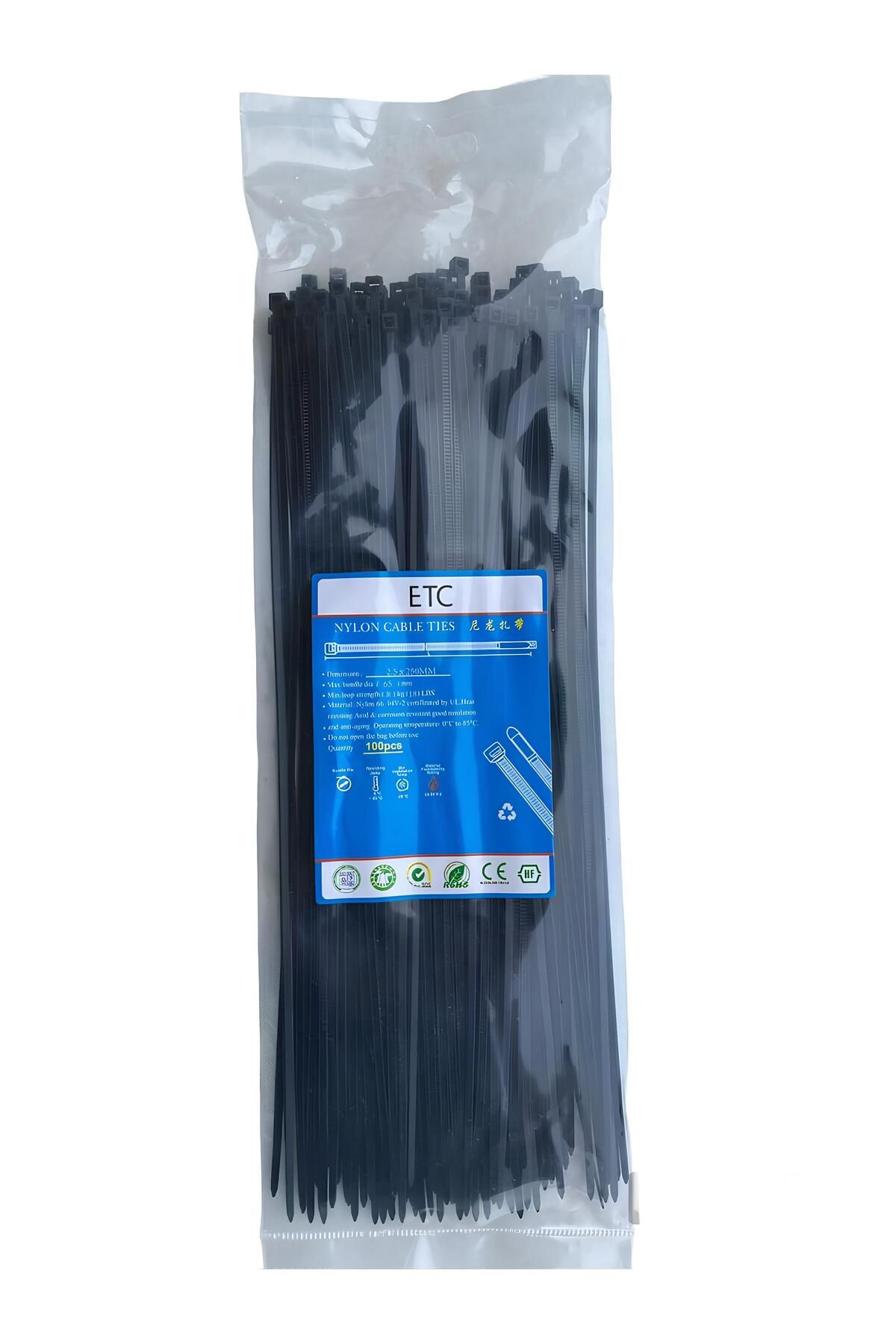 ETC Siyah Kablo Bağı , Plastik Kelepçe , Cırt Kelepçe 2,5 X 250 Mm. (100 Adet) 25 cm