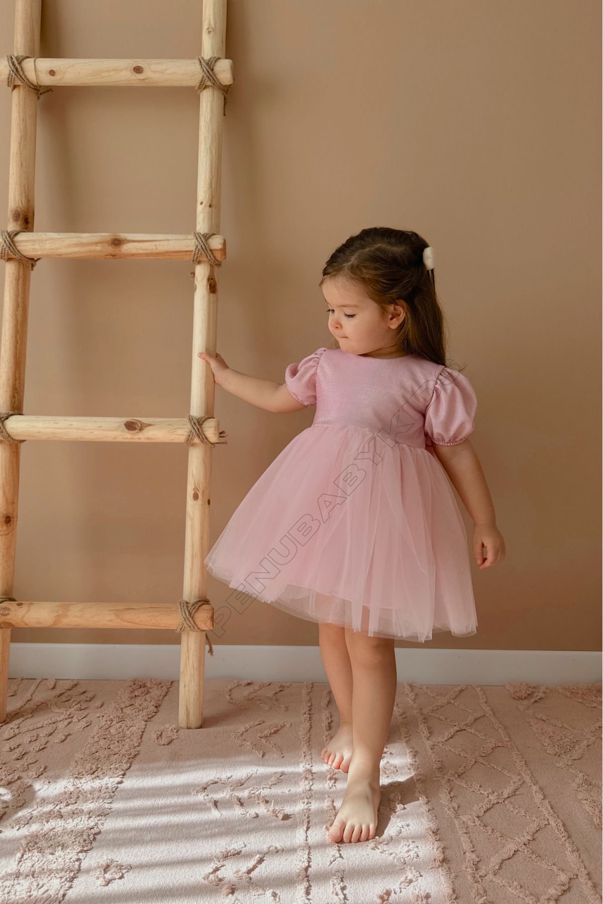 penu baby kids Pembe Kısa Balon Kumaş Kol Altı Tütülü Kız Bebek Elbise - Cinderella