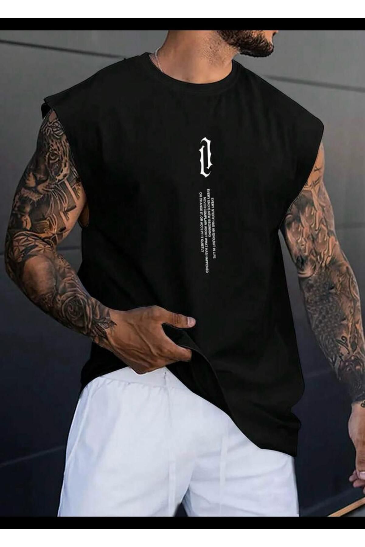 Combineman35 Erkek Siyah, ÇENGEL Baskılı Oversize Tshirt/Atlet