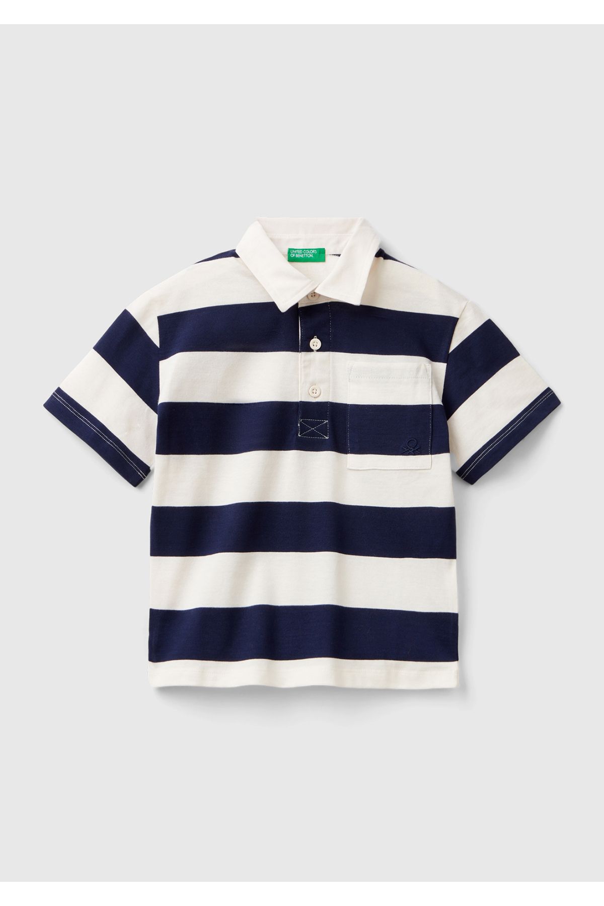 United Colors of Benetton Erkek Çocuk Lacivert-Krem Logo İşlemeli ve Aplikeli Yatay Çizgili Polo Tişört