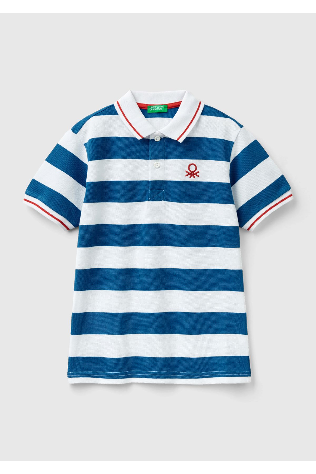 United Colors of Benetton Erkek Çocuk Mavi-Beyaz Logo İşlemeli Çizgili Pike Polo T-Shirt