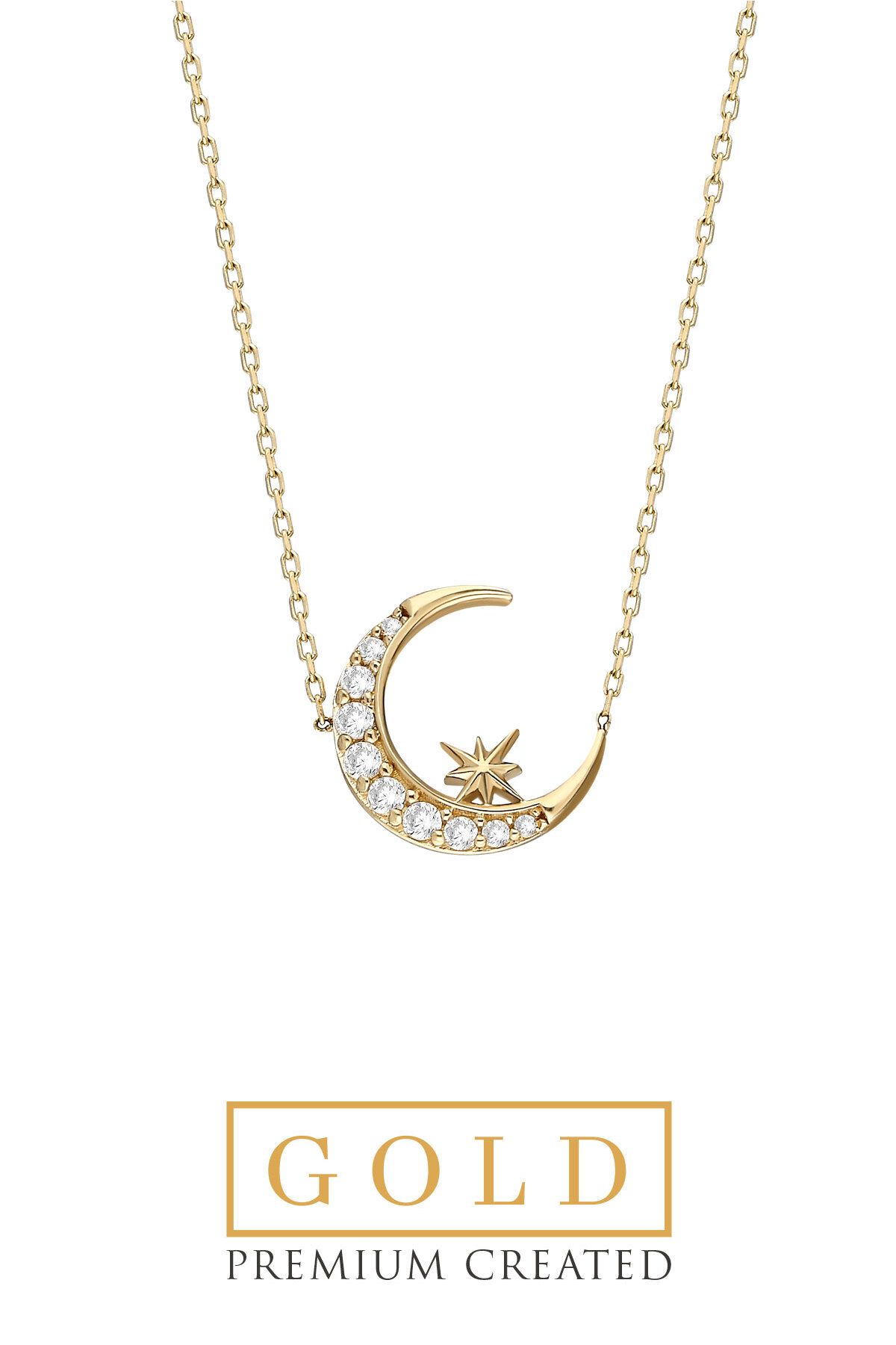 So Chic Sarı Altın Sertifikalı Premium Created Taşlı Ay Yıldız Kolye