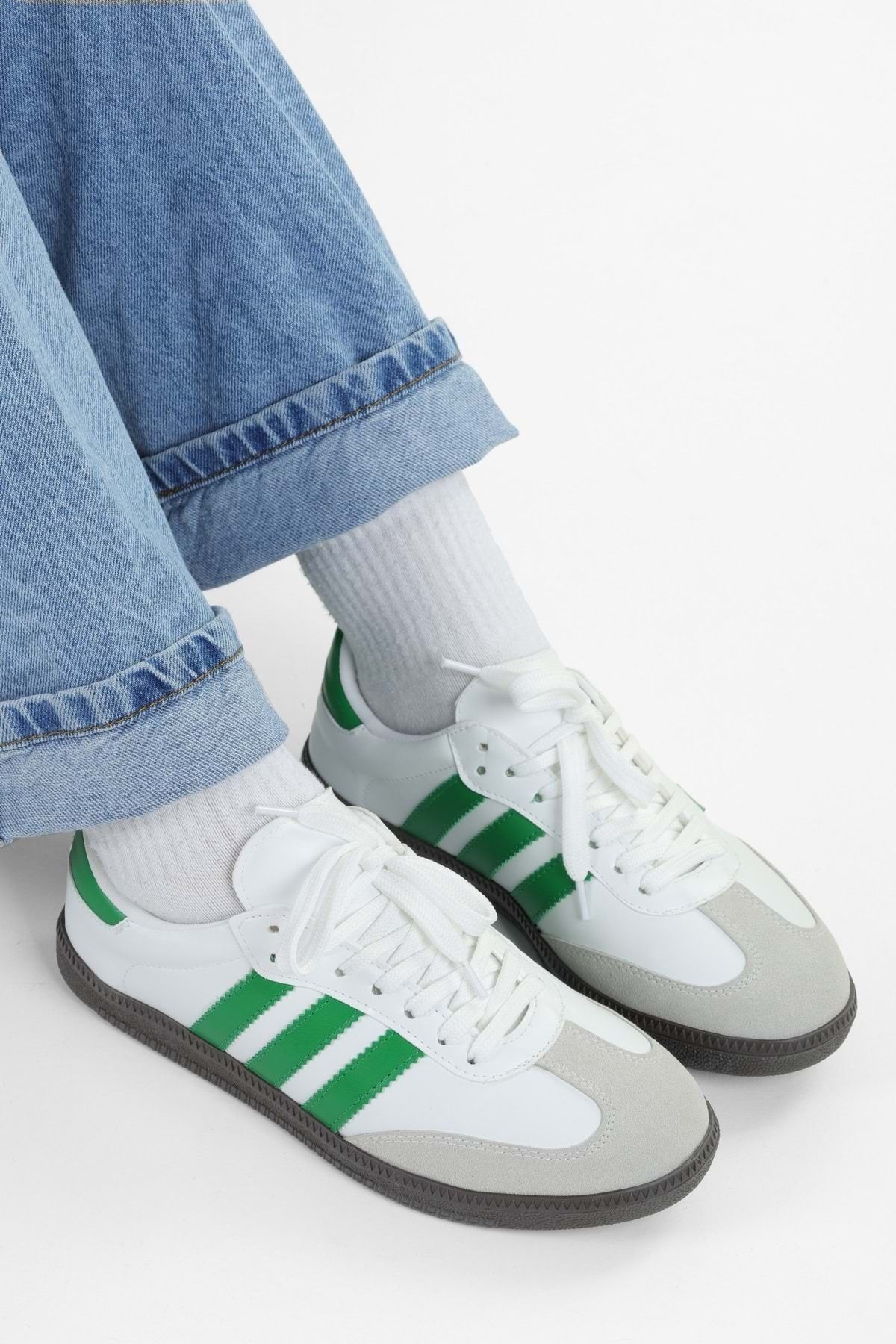 Shoeberry Kadın Sambai Beyaz-Yeşil Çizgili Düz Spor Ayakkabı