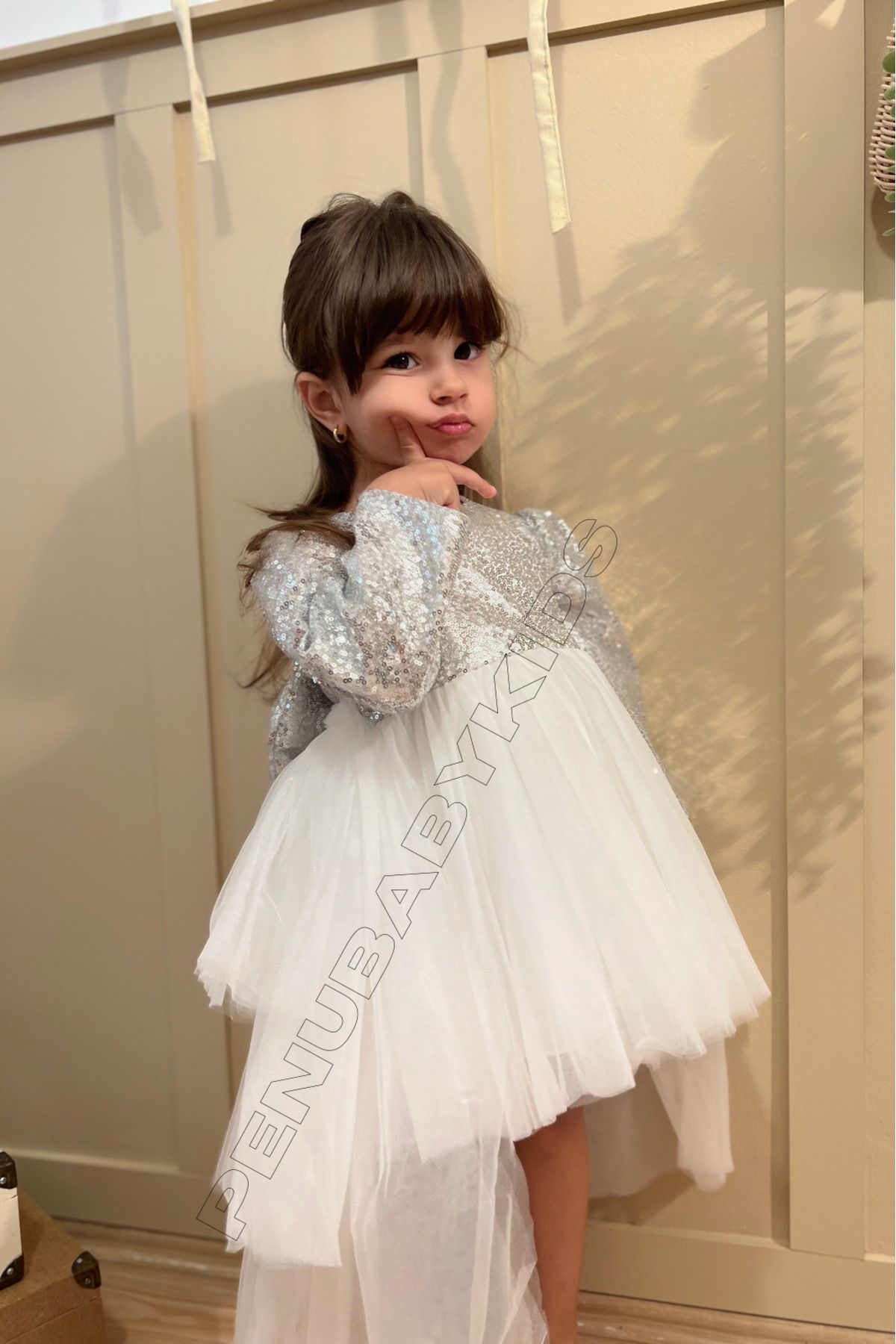 penu baby kids Beyaz Payetli Uzun Kol Tül Etekli Kız Bebek Elbise - Elizabeth