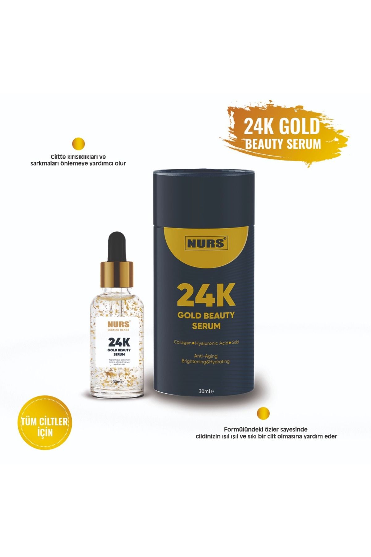 Nurs 24k Altın Parçacıklı Hyaluronik Asit Içeren Kırışıklık Karşıtı Kolajen Cilt Bakım Serum 30 ml