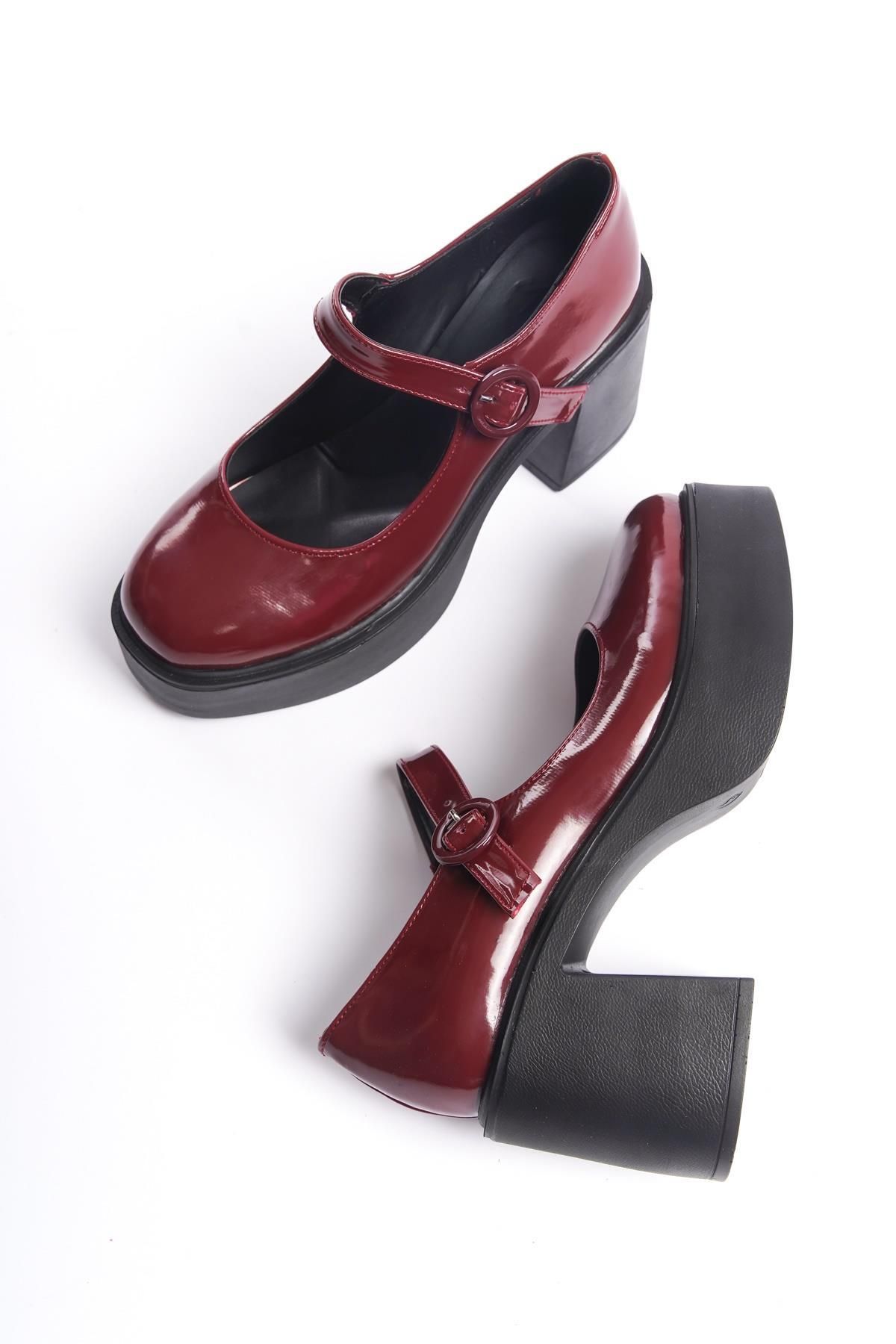 Modabuymus Biza Bordo Rugan Mary Jane Ayakkabı Kalın Platform Topuklu Sandalet