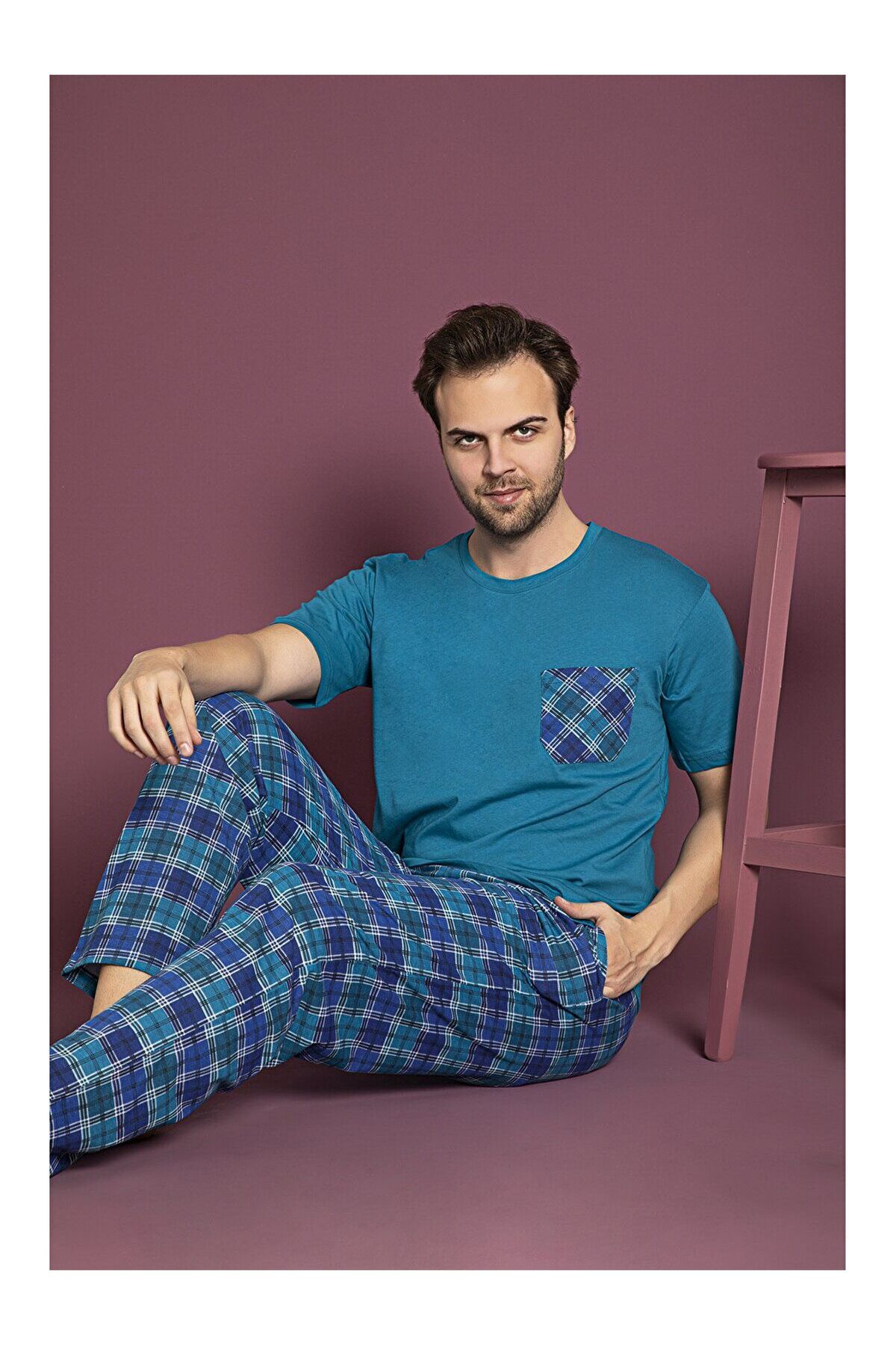 Sude Erkek Kısa Kol-Modal Penye Ekose  Pijama Takımı