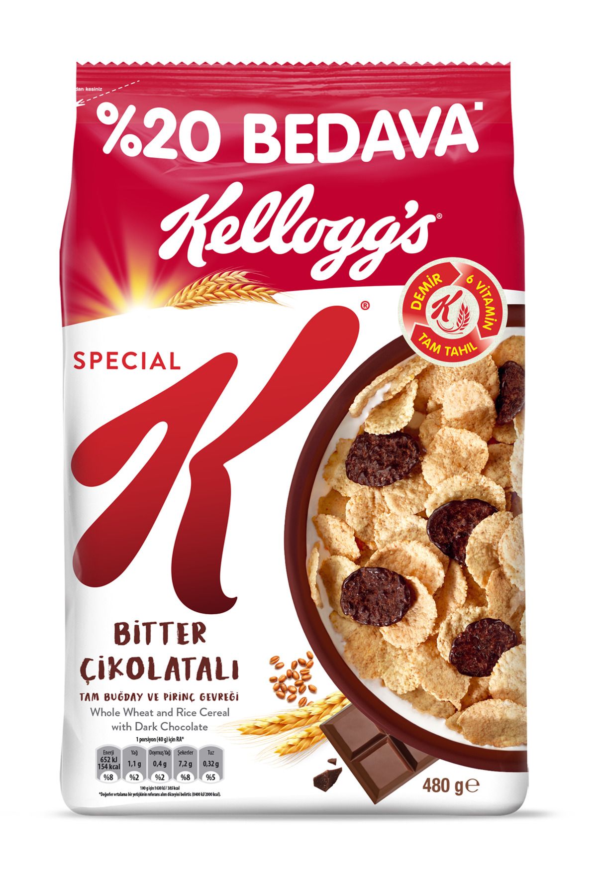 Kellogg's Special K Bitter Çikolatalı Kahvaltılık Tam Buğday Ve Pirinç Gevreği 480 Gr, %20 Avantajlı, Tam Tahı