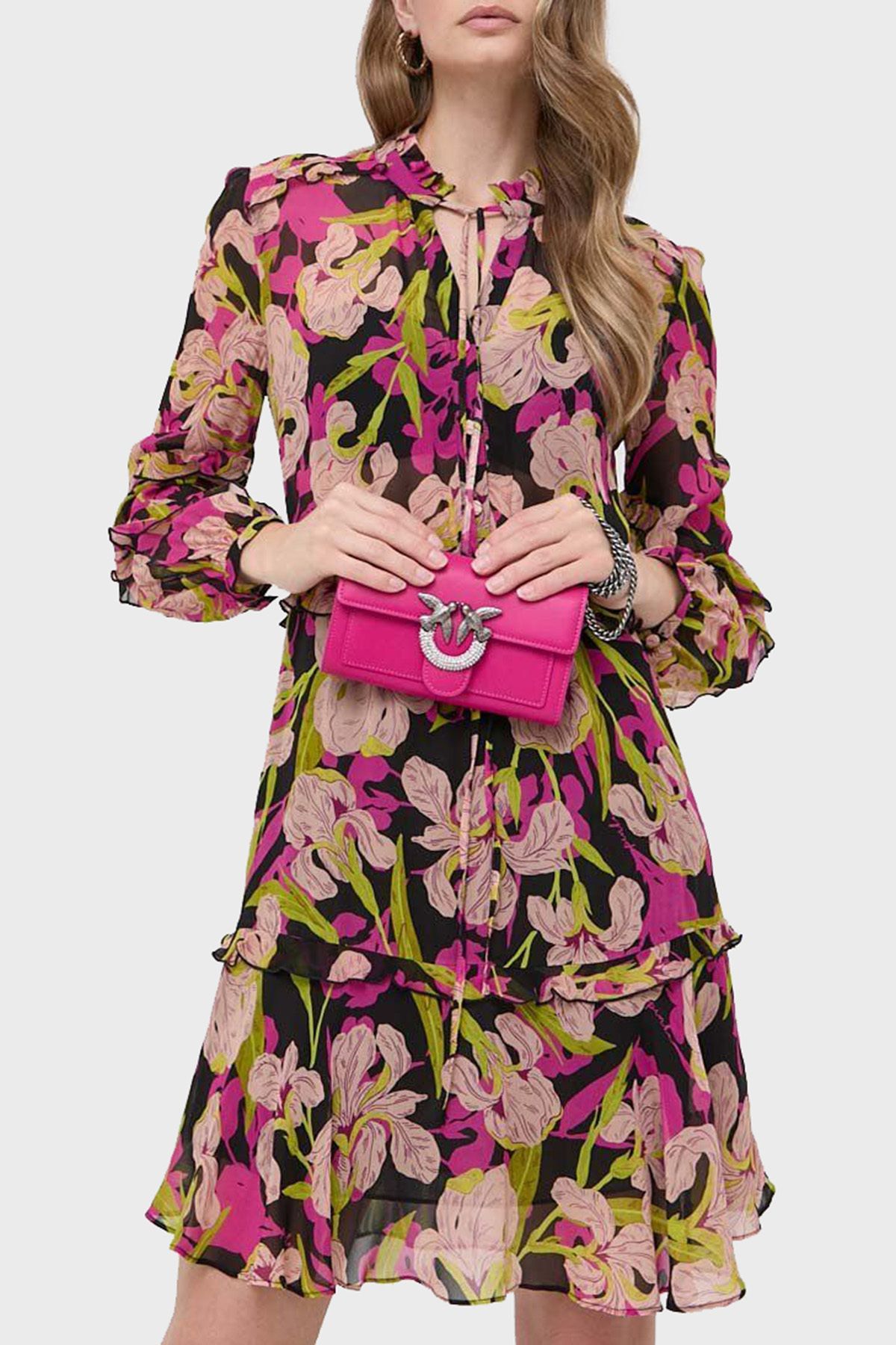 PİNKO Pinko Çiçek Baskılı Fırfırlı İpli Bağlamalı Düğmeli Kapatmalı Regular Fit Elbise  ELBİSE 101493