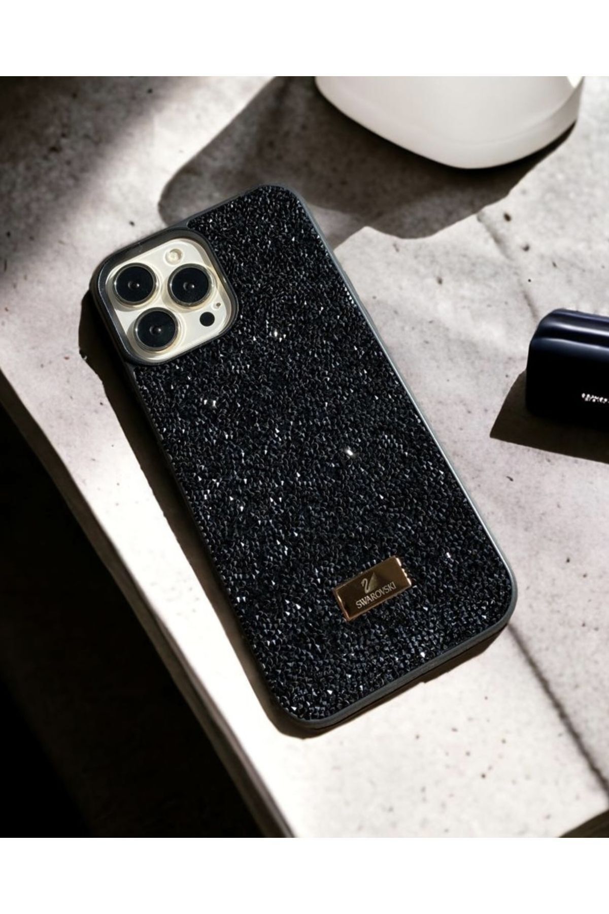 TrendCell Apple İphone 13/14 Uyumlu Swarovski Taşlı Parıltılı Tam Koruma Lüx Kılıf Arka Kapak Siyah